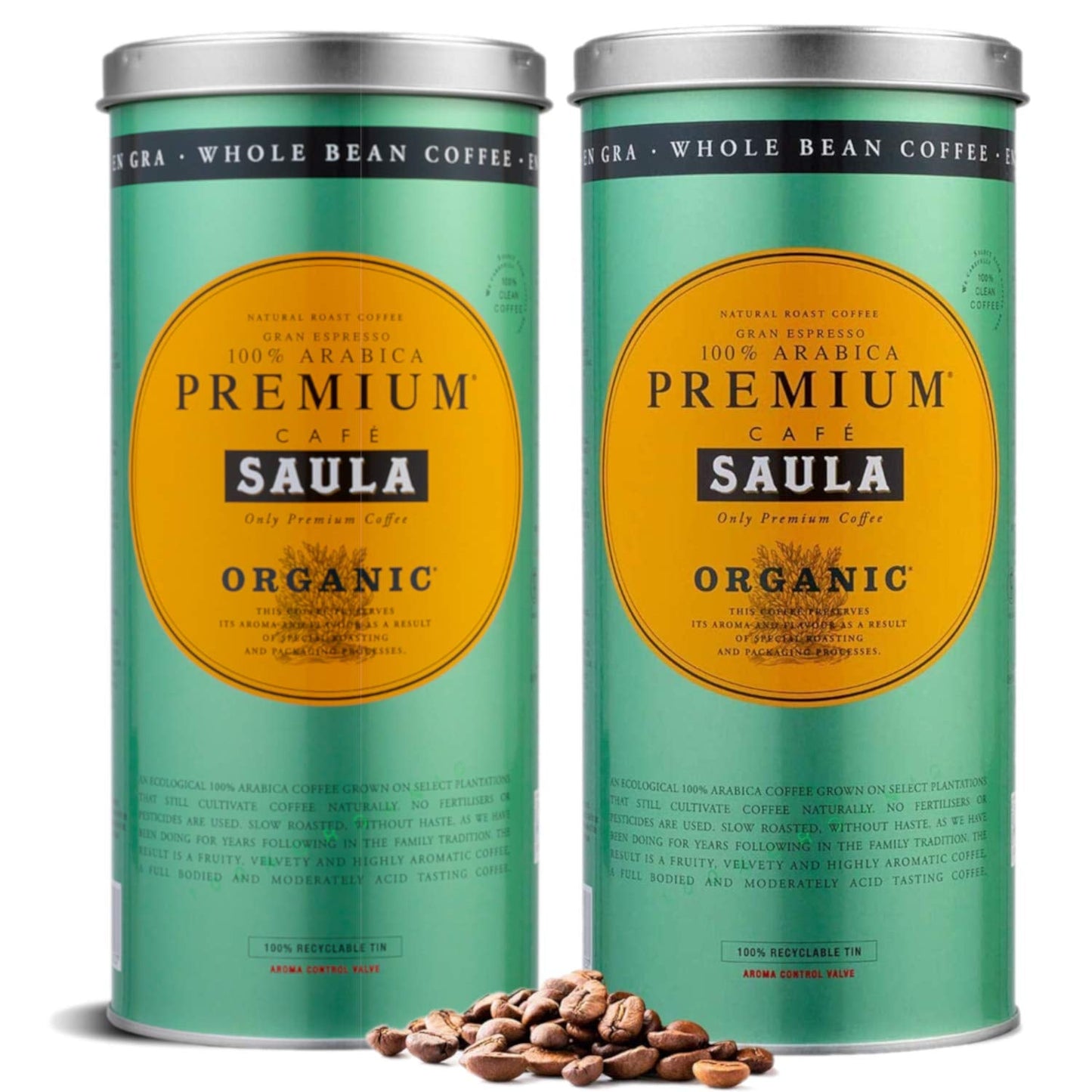 Caffè in grani Saula premium, confezione da 2 scatole x 500g. 100% Arabica biologica