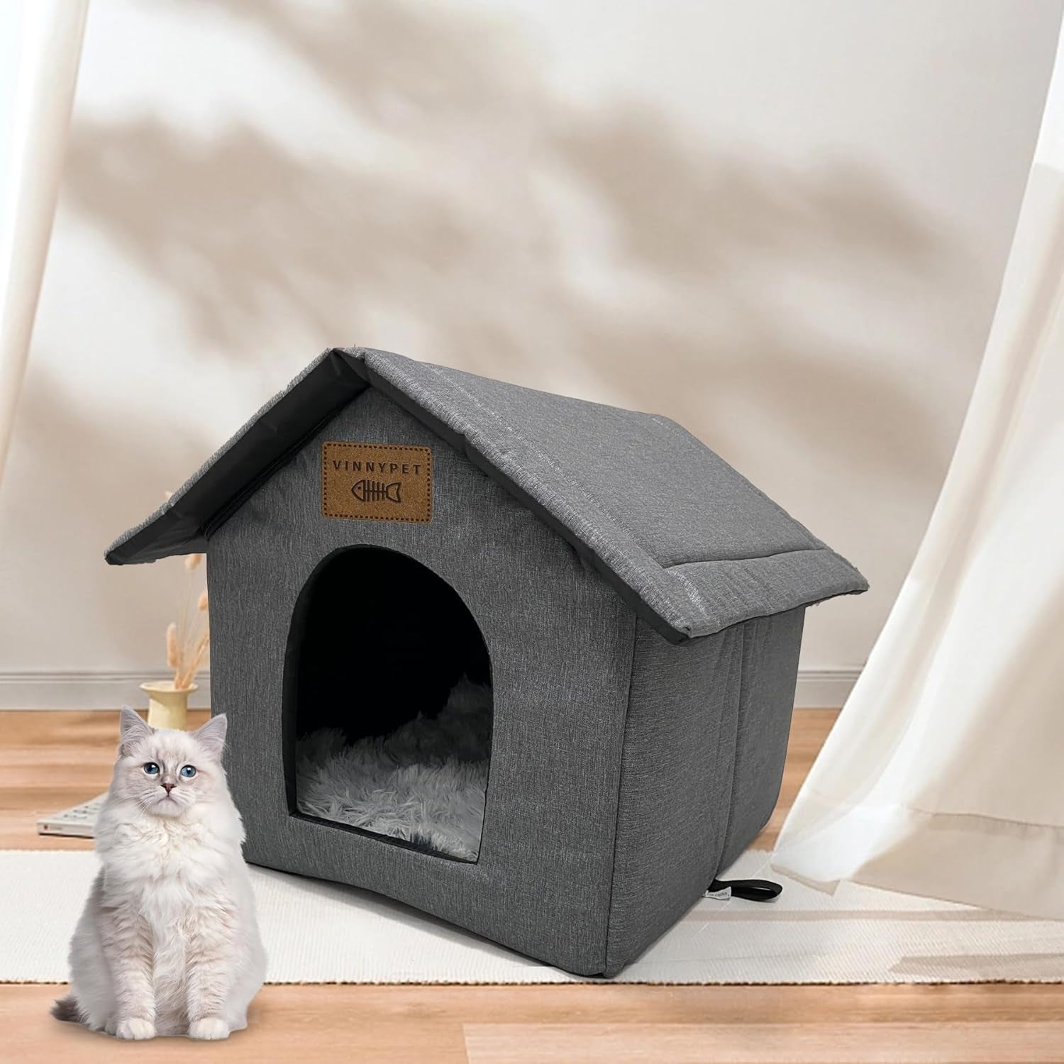Katzenhaus Für Draußen Winterfest Wasserdicht Wetterfester Katzenhöhle Haustierhaus mit Plüschkissen Warm Hundehöhle Waschbar Hundehaus Tierheim Für Streuner Haustiere 35x30x35cm