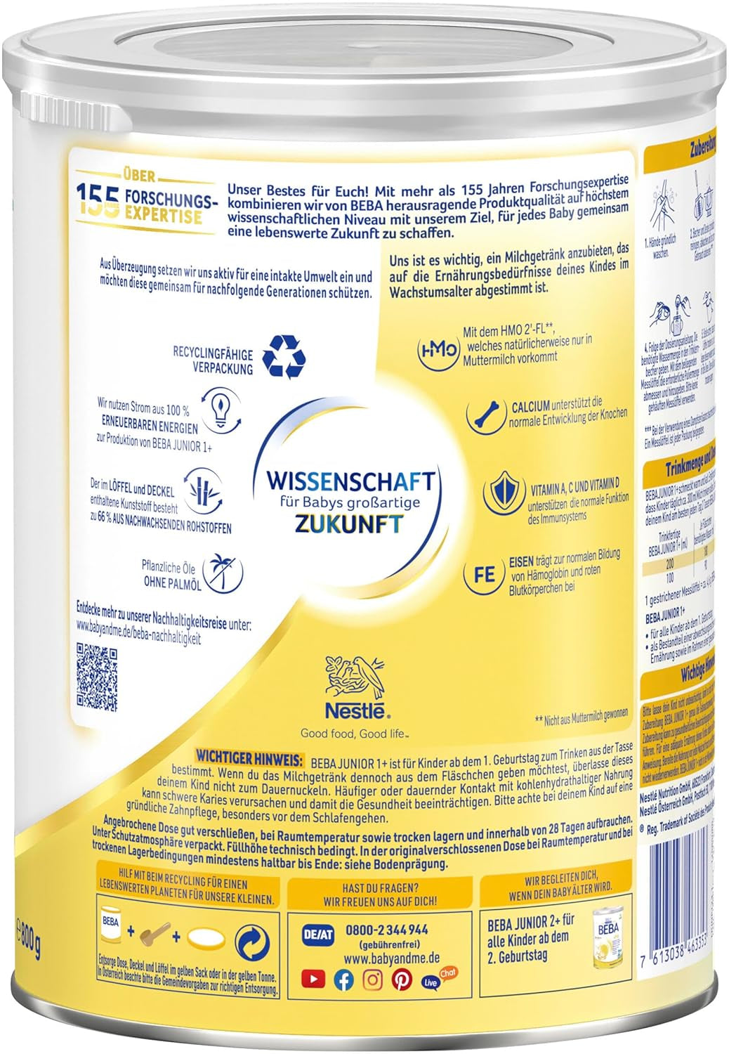 BEBA Junior 1+ bevanda a base di latte a partire da 1 anno, Con HMO, Contenuto proteico adatto all'età, Solo lattosio, Senza olio di palma, Senza olio di pesce, Alimenti per bambini, Latte in polvere per bambini, Confezione da 6 (6 x 800 g)