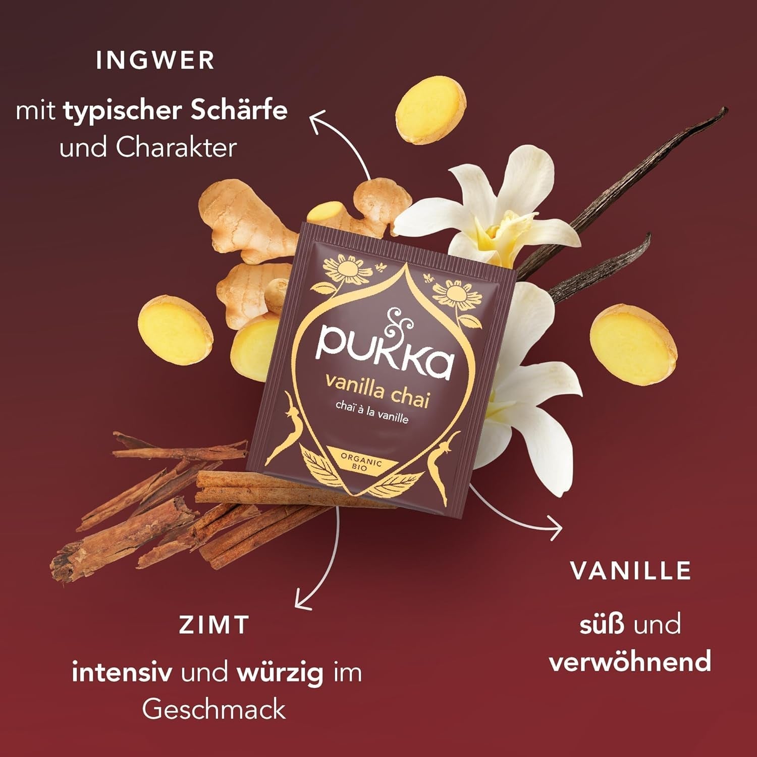 Pukka | Miscela di tè biologici aromatizzati "Vanilla Chai" | Cannella, zenzero e vaniglia | Tè per una delizia dalla dolcezza naturale | Confezione da 1 | 20 bustine di tè