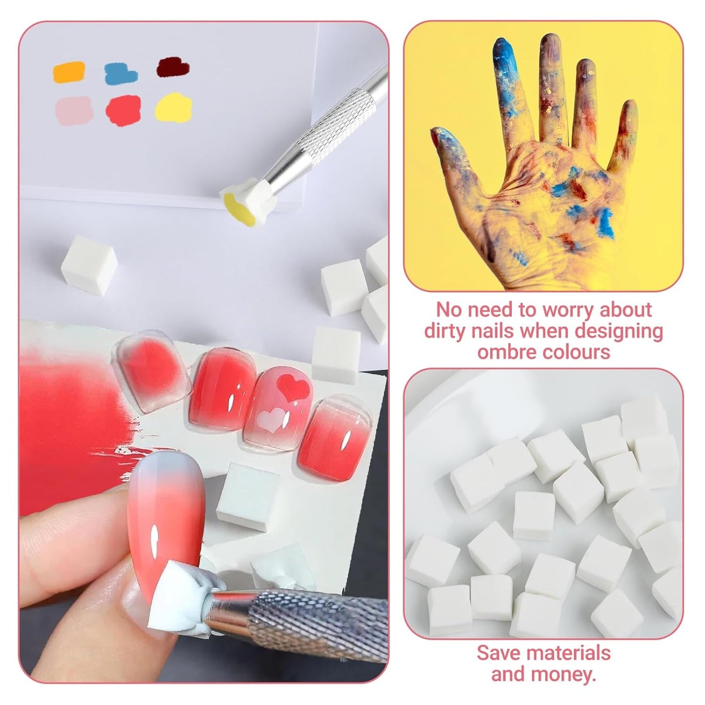 Nägel Selber Machen,Nageldesign-Hilfsmittel,100 pezzi Nail Art Schwämme con metallo, Schwammpinsel e applicatore con pennello in spugna per disegni per nail art sfumati