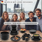 SÄNGER Madeira | Set di stoviglie combinate da 24 pezzi, set di stoviglie in gres per 6 persone, 6 piatti piani, 6 piatti da colazione, 6 piatti piani, 6 ciotole per pasta, set di stoviglie e ciotole, nero opaco | LA COLLEZIONE DI VALORE