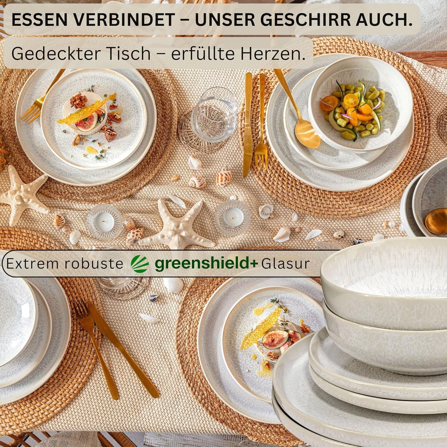 SANGER | Servizio da tavola Corfu da 24 pezzi Servizio da tavola per 8 stoviglie in ceramica fatta a mano, compresi piatti piani, piatti da dessert e piatti Suma, stoviglie color crema con texture sabbia