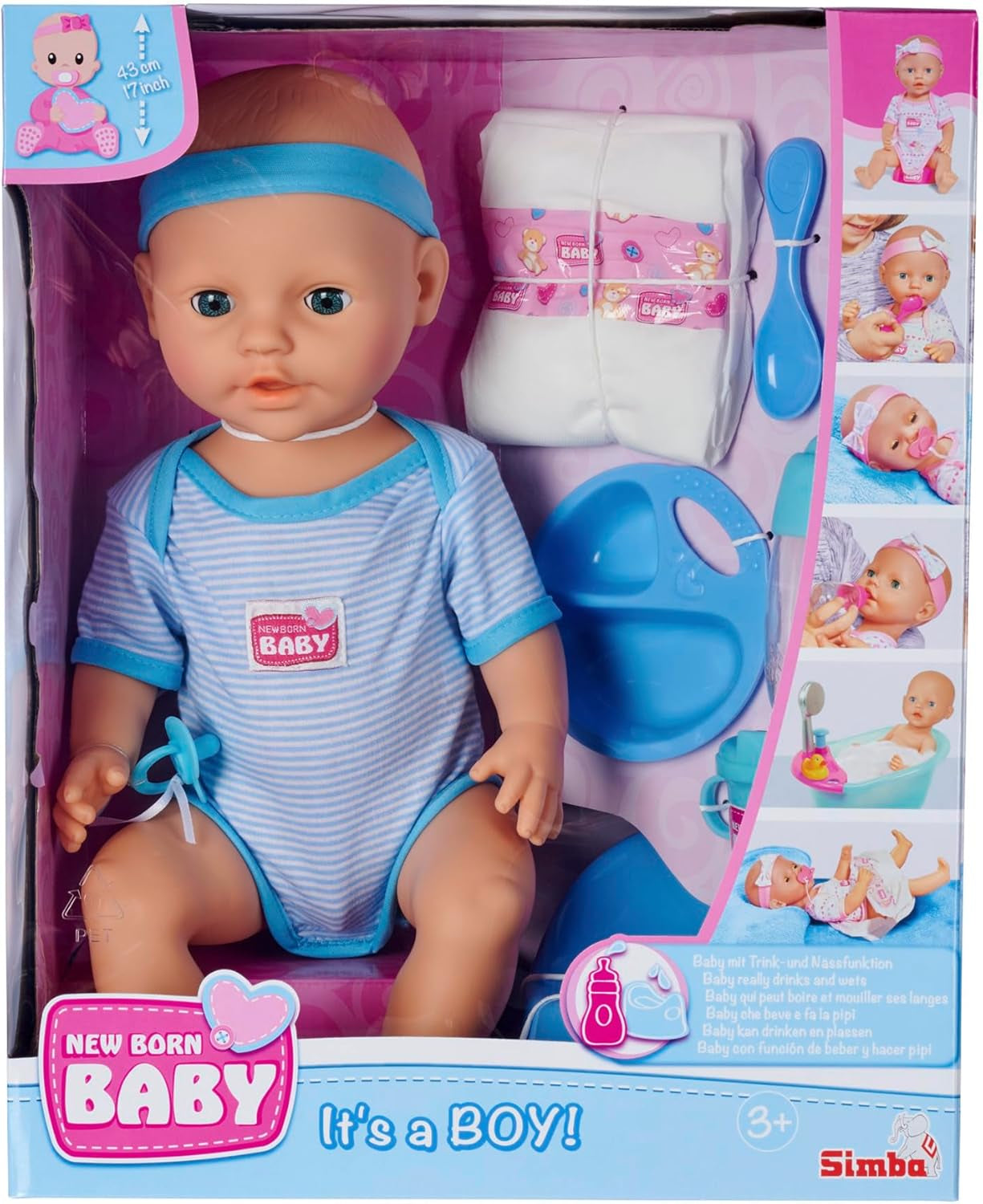 Simba 105030044 - Bambola neonato - Ragazzo, bambola interamente in vinile con occhi per dormire, funzione per bere e bagnare e accessori, 8 pezzi, 43 cm, bambola, dai 3 anni in su