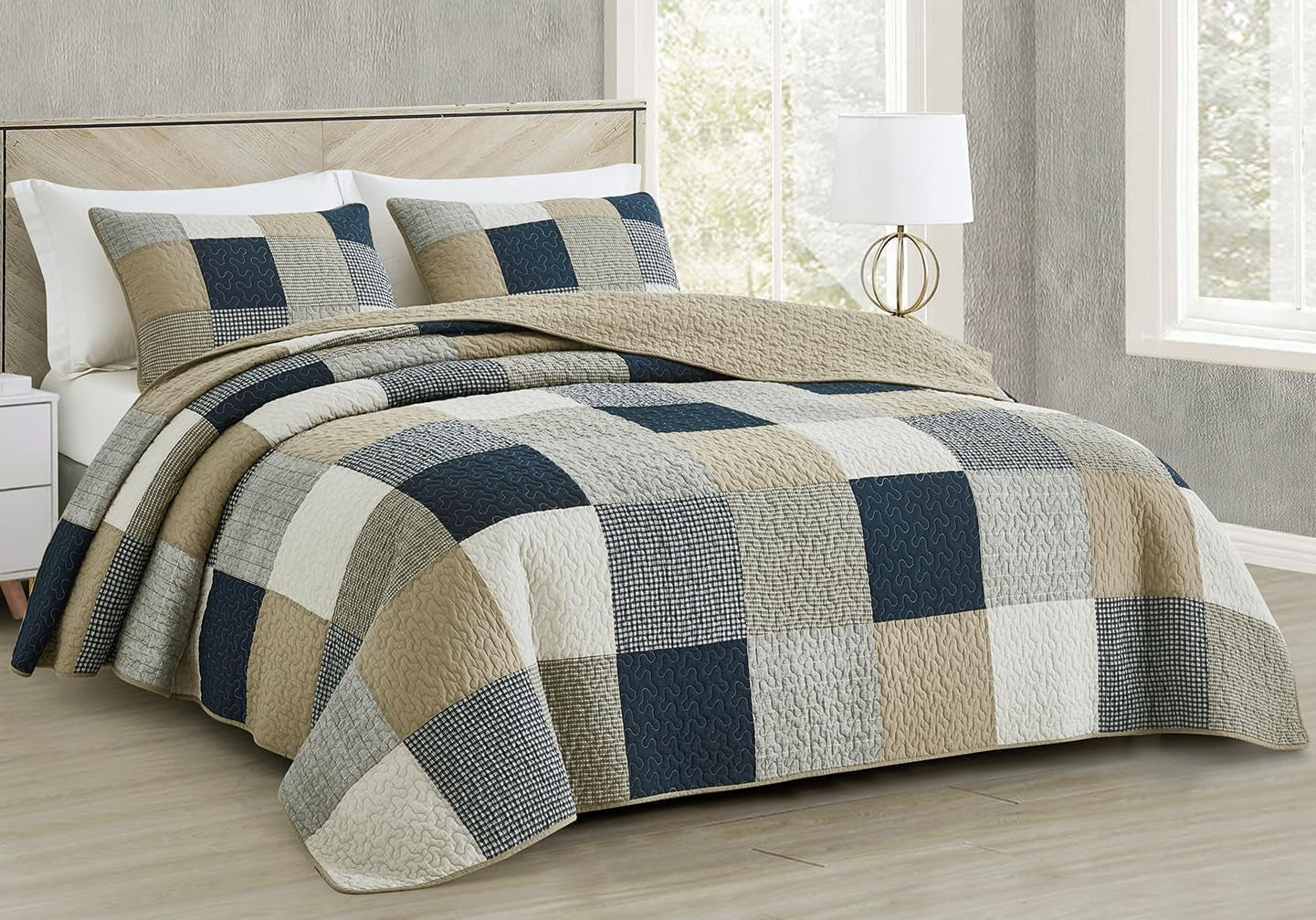 Collezione Chezmoi Addy Set trapunta patchwork in cotone prelavato leggero reversibile per tutte le stagioni oversize 3 pezzi blu navy bianco grigio talpa trapunte e trapunte scozzesi Naty Shop plaid quadrato patchwork tortora oversize king