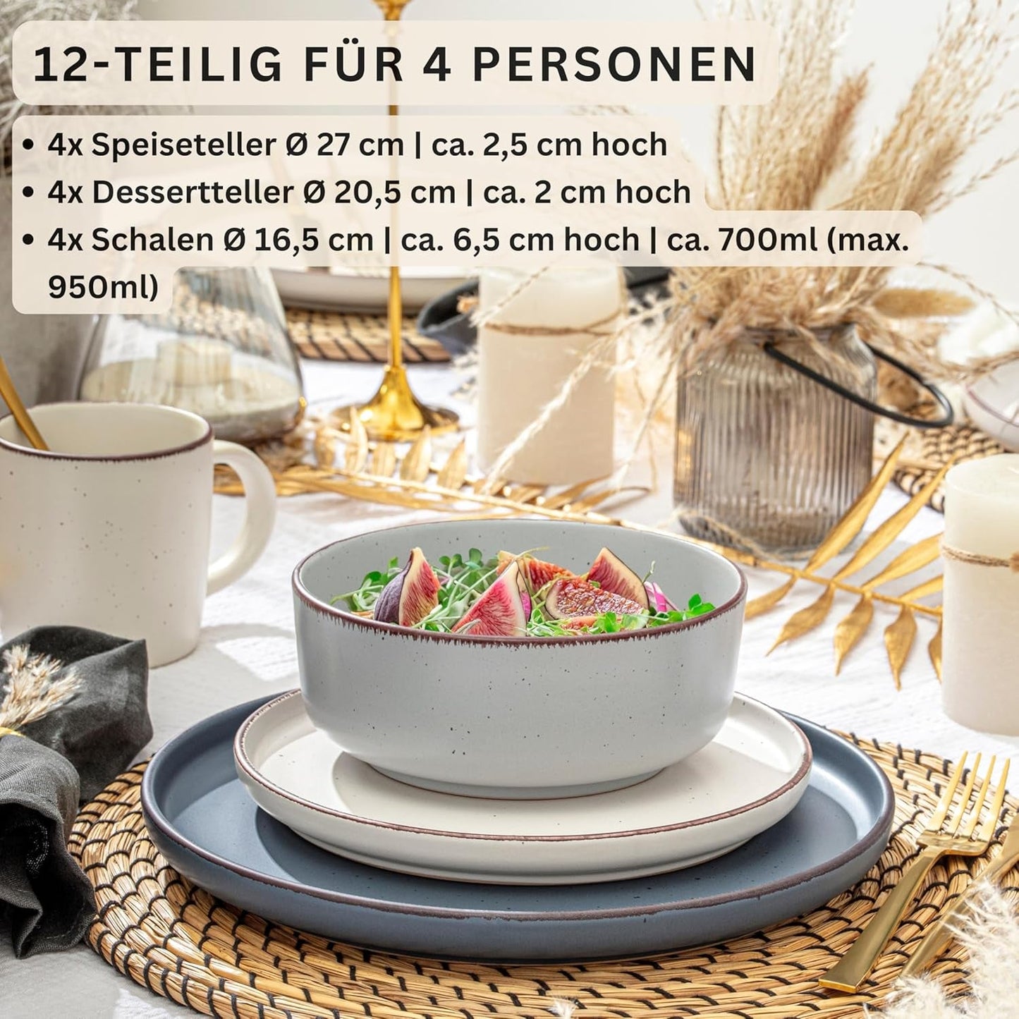 SÄNGER Bombay Moonlight | Set di stoviglie in ceramica da 12 pezzi per 4 persone, 4 piatti piani, 4 piatti da dessert, 4 ciotole, colori assortiti | LA COLLEZIONE DI VALORE