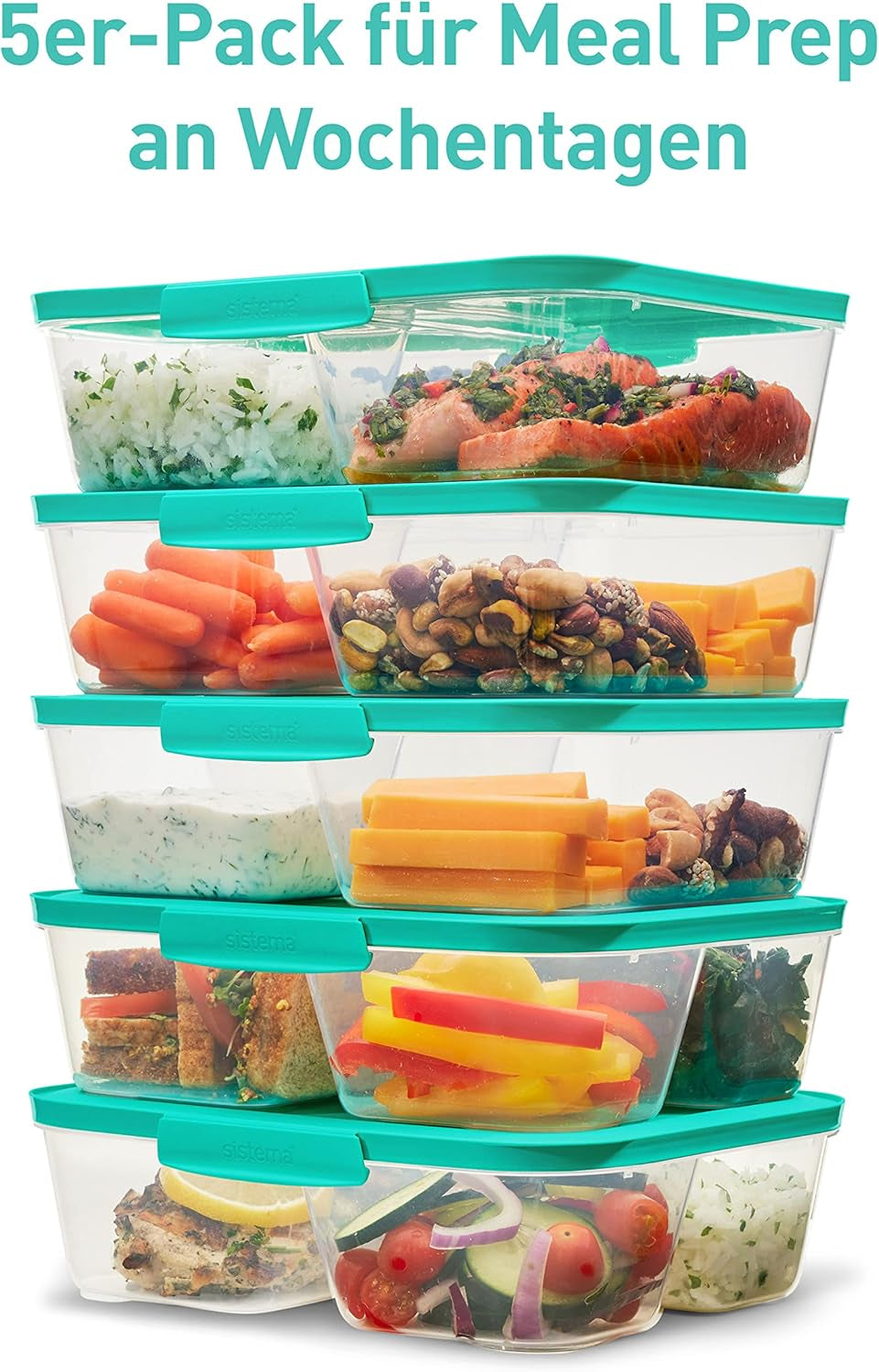 Contenitori per la conservazione degli alimenti del sistema IT Nest Scatole per la preparazione dei pasti | Contenitori ermetici da 1,9 litri con TRE scomparti e coperchi | Senza BPA | Verde | 5 contenitori per alimenti Naty Shop