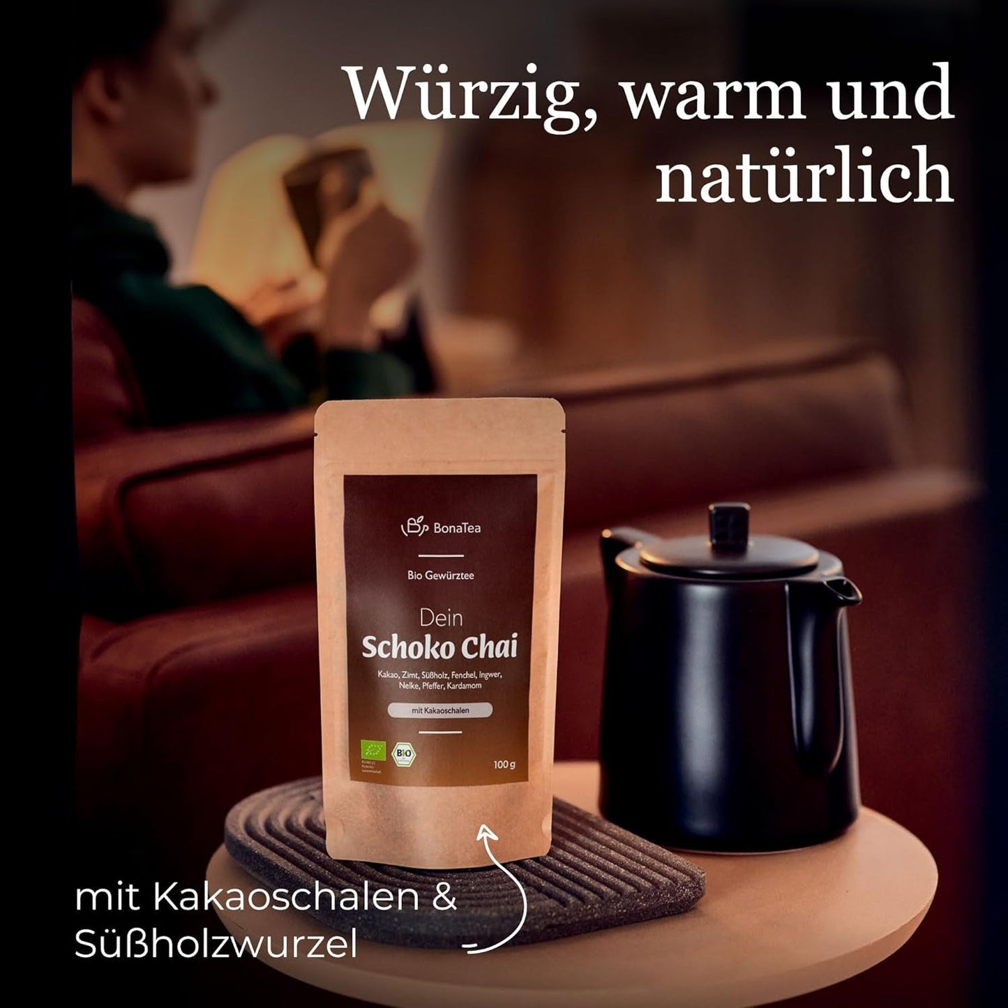 Tè speziato BIO Schoko Chai senza zucchero, con baccelli di cacao, cannella, liquirizia e altre spezie aromatiche Chai, 100 g