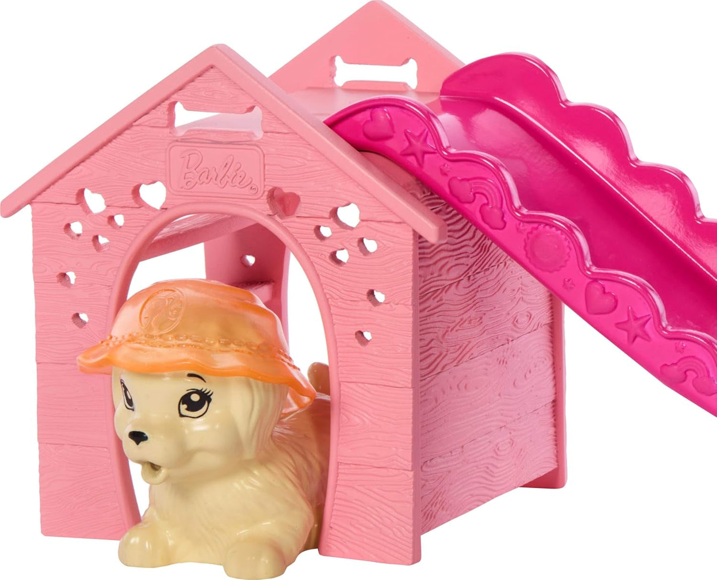 Barbie Puppy Pool Party Playset con bambola alla moda, cuccia e scivolo, piscina a forma di cuore, 2 personaggi di cani, 6 accessori e cambia colore, JBF35