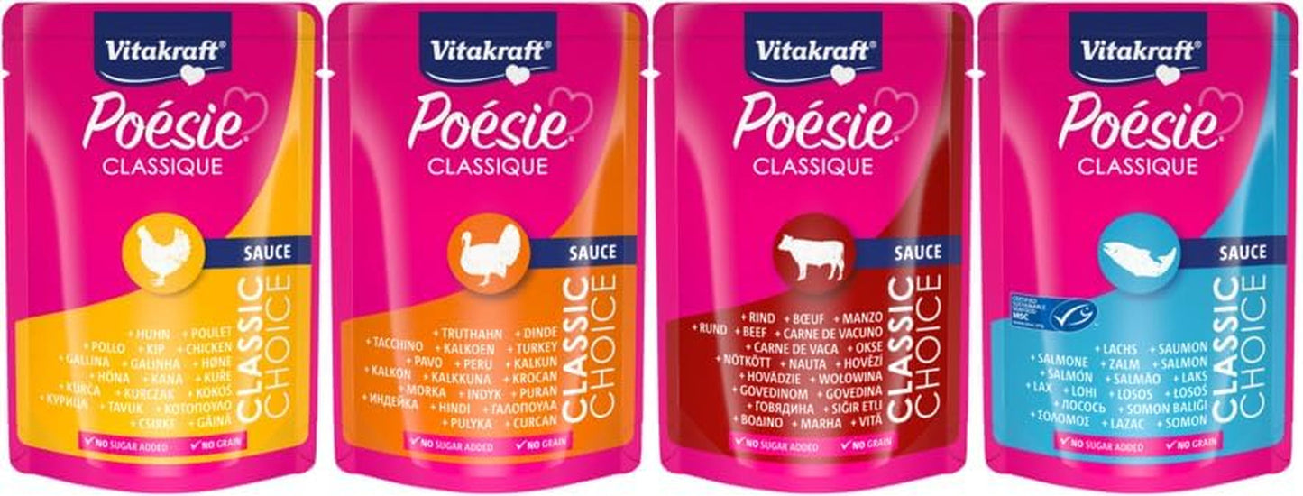 Vitakraft Poésie Classique, cibo umido per gatti, cibo per gatti in salsa, con pollo, con tacchino, con manzo, con salmone, senza zuccheri aggiunti e cereali (1 confezione da 12 x 85g)