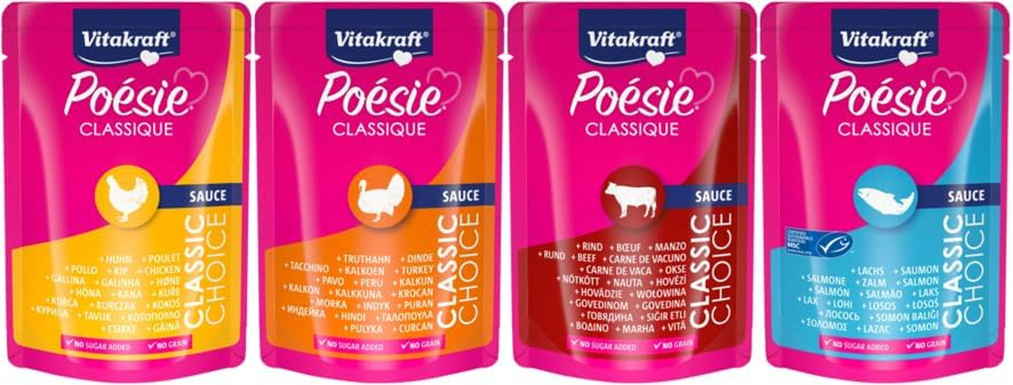 Vitakraft Poésie Classique, cibo umido per gatti, cibo per gatti in salsa, con pollo, con tacchino, con manzo, con salmone, senza zuccheri aggiunti e cereali (1 confezione da 12 x 85g)