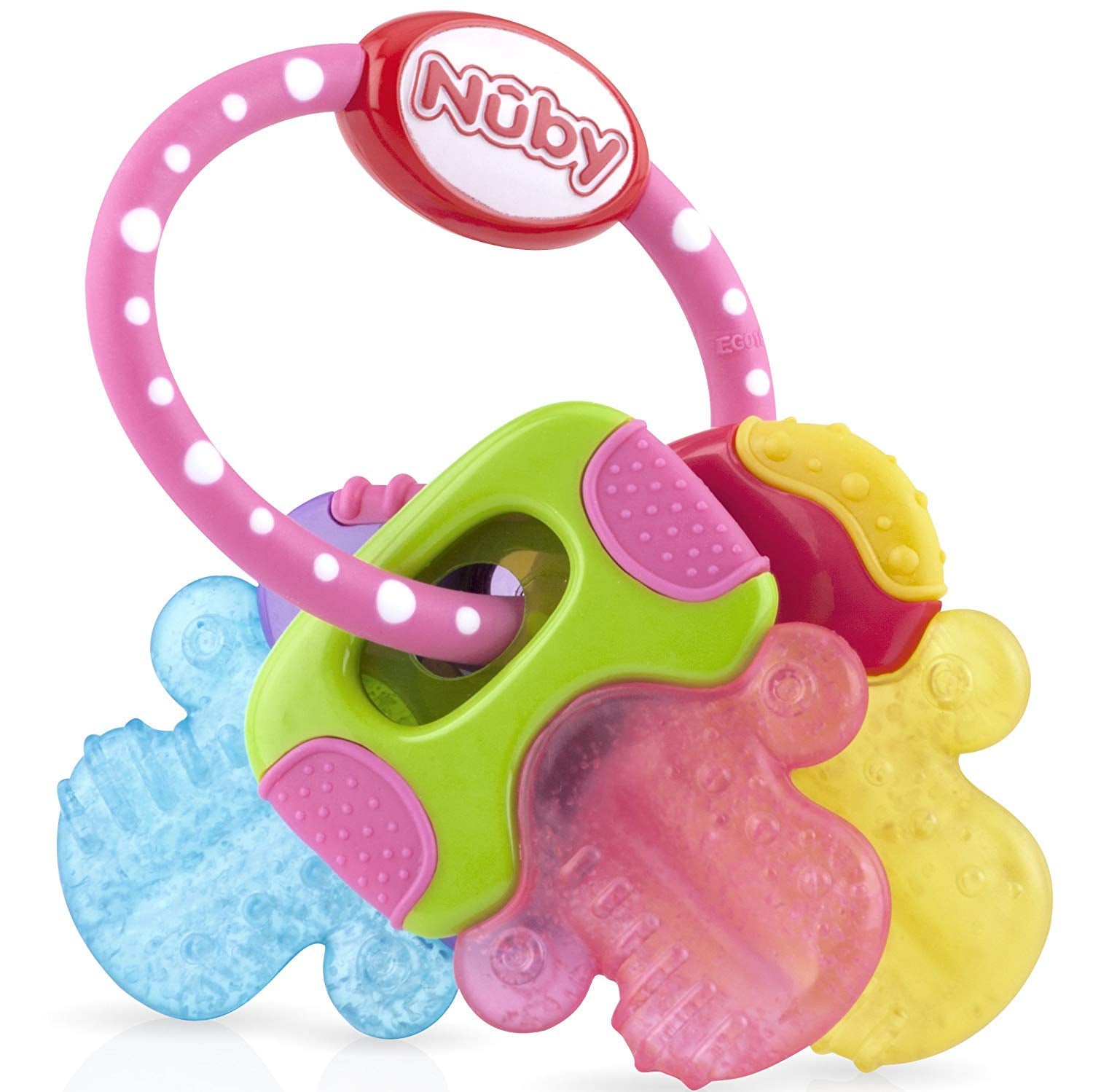 L'anello da dentizione per neonati Nuby favorisce la vista e le capacità motorie; il giocattolo afferrante in gel di ghiaccio raggiunge anche i molari; da 4+ mesi