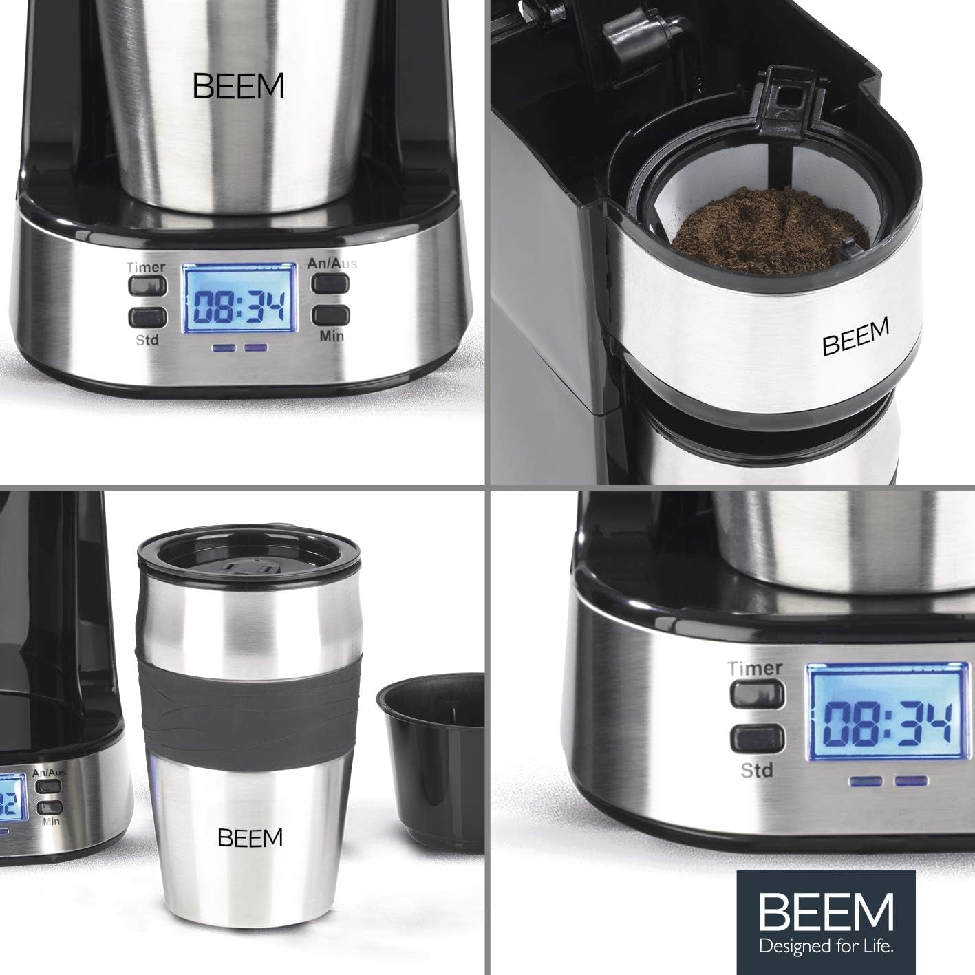 Macchina per caffè espresso BEEM THERMO 2 GO a filtro singolo con tazza termica da 0,4 l | Filtro permanente | Con timer 24 ore per una tazza di caffè caldo al mattino, senza attese | 750 W