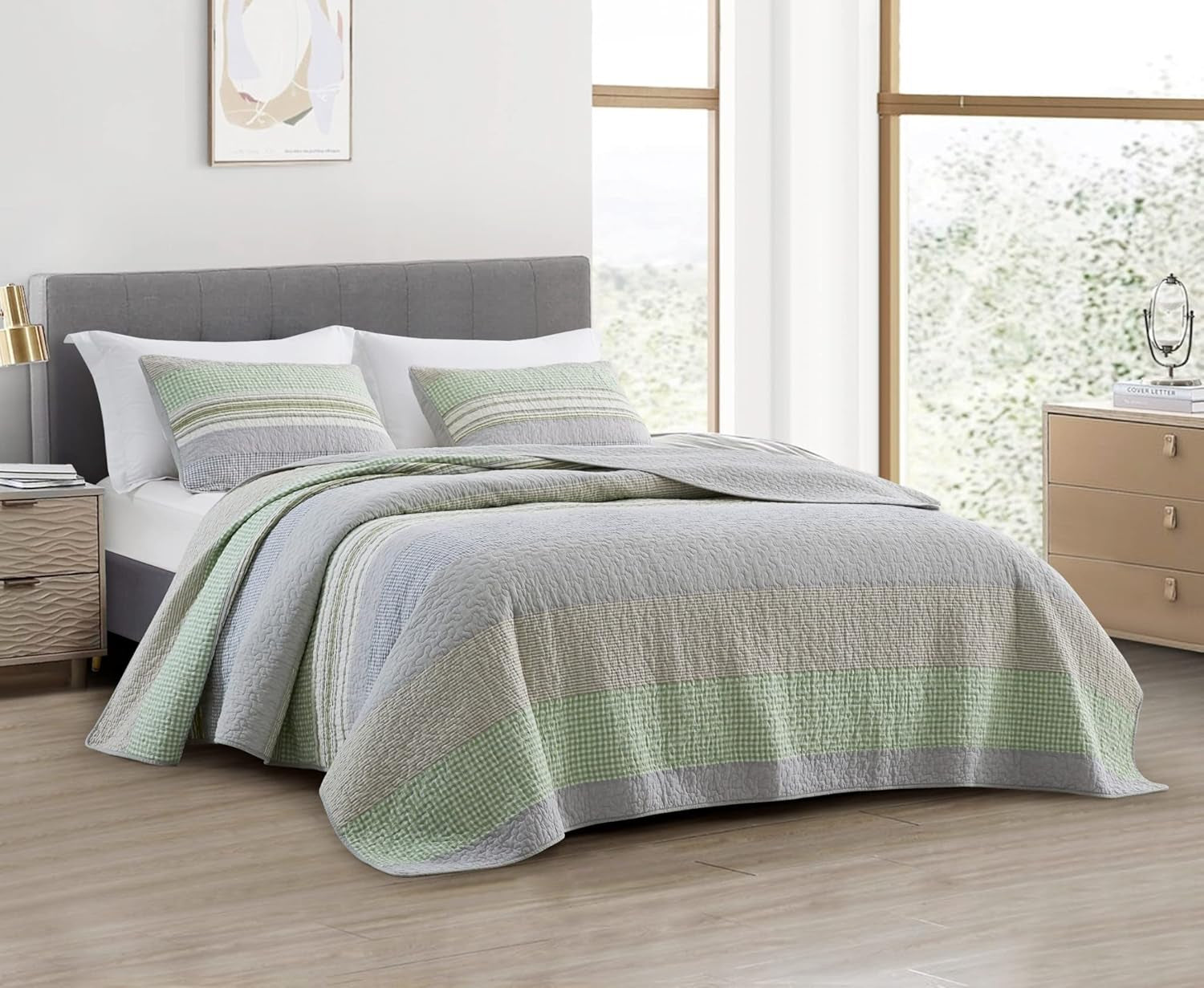 Collezione Chezmoi Addy Set trapunta patchwork Cotone prelavato Leggero Reversibile Tutte le stagioni Oversize 3 pezzi Navy Bianco Grigio Talpa Trapunte e trapunte scozzesi Naty Shop Plaid Candy Stripes Patchwork Verde Grigio Queen