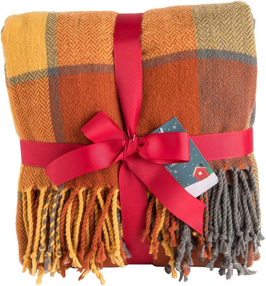 G Lake Coperta scozzese arancione Copriletto in acrilico morbido reversibile con frange colorate, regalo per decorazioni natalizie 127 cm L x 170,2 cm L-Letti e coperte arancione zucca G Lake Colore zucca 50 pollici X 67 pollici