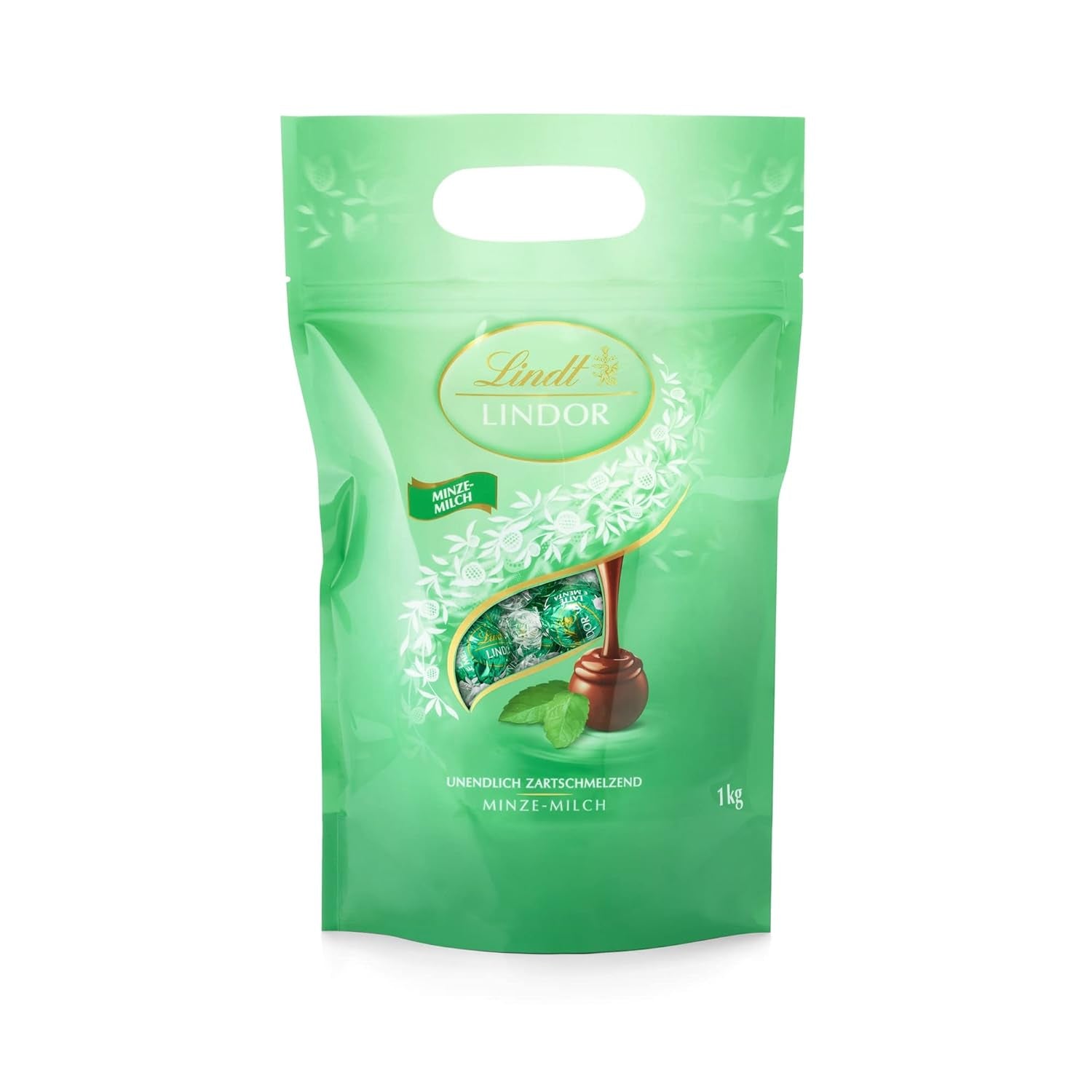 Palline di cioccolato bianco LINDOR, 1 kg e LINDOR | Busta richiudibile da 1 kg | ca. 80 palline di cioccolato al latte con ripieno di menta | Confezione sfusa, regalo pralinato, regalo cioccolato