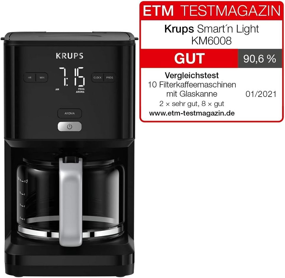Macchina da caffè Krups Smart'n Light con timer, per 1,25 litri di caffè filtro, funzione di mantenimento in caldo, spegnimento automatico, nero, KM600810