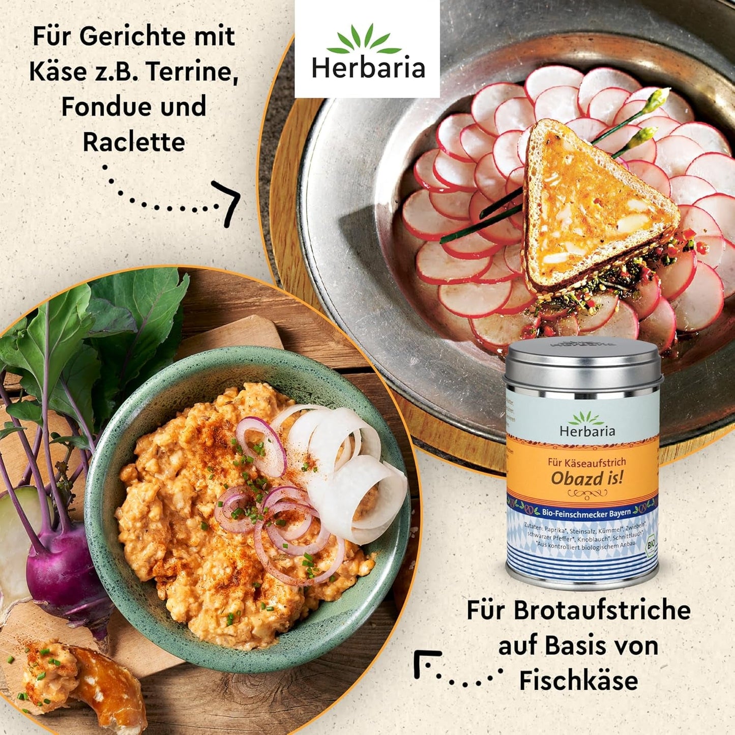 Herbaria Obazd is! bio 90g M-Dose – Bio-Gewürzmischung bayerischen Biergartenklassiker Obazda – für Brotaufstriche, Käsegerichte, Käsefondue – Raclette Gewürz - in nachhaltiger Aromaschutz-Dose