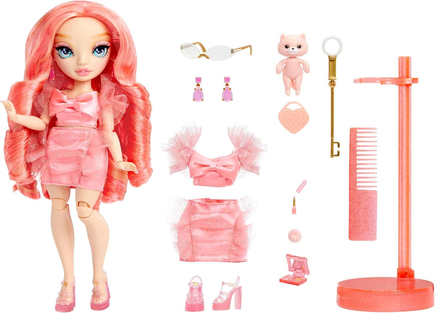 Bambola di Alta Moda Arcobaleno - Pinkly Paige - Bambola alla moda rosa con abito alla moda - con occhiali e oltre 10 accessori di gioco colorati - Ideale per bambini di 4-12 anni e collezionisti
