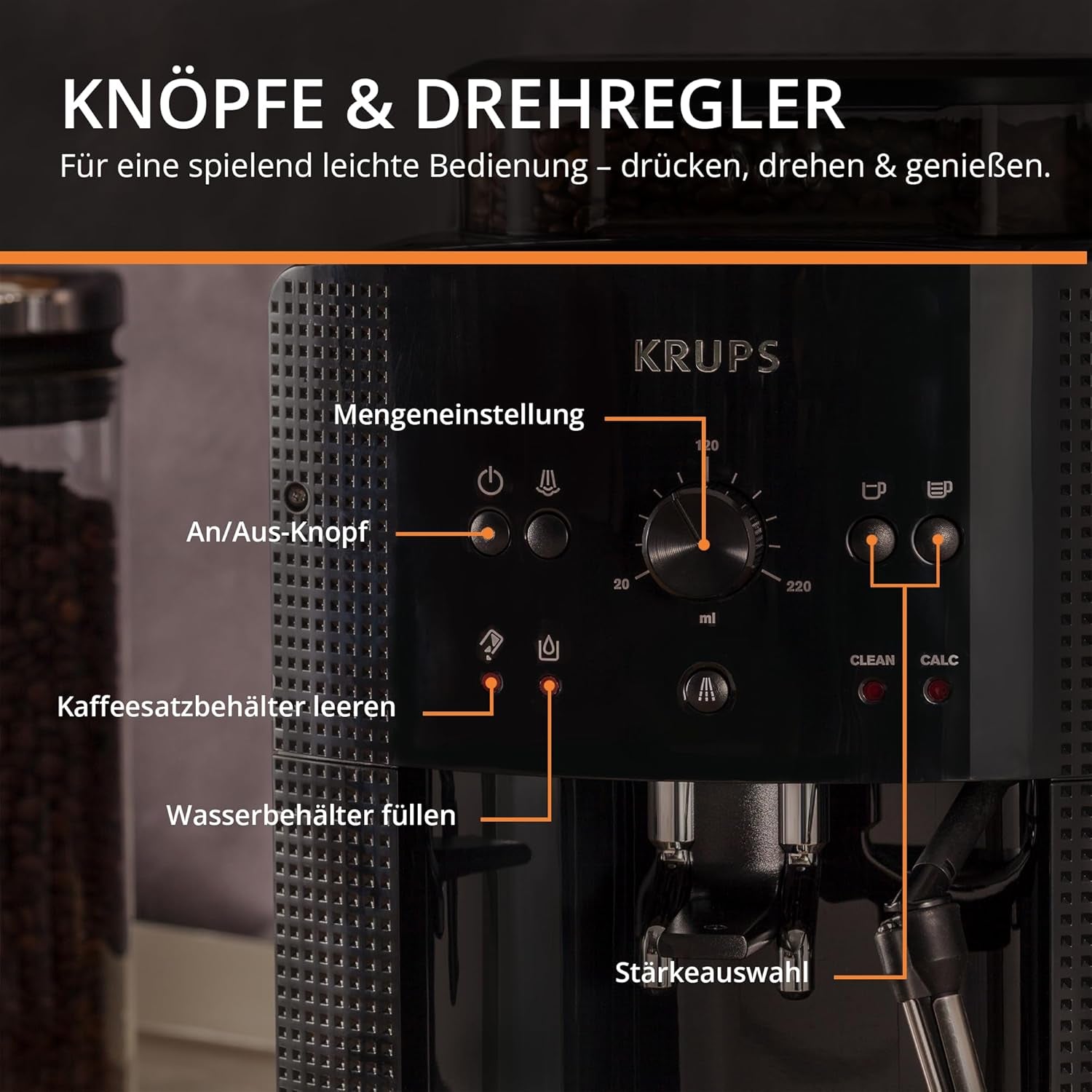 Macchina per caffè espresso automatica KRUPS Arabica Picto, design compatto, facile da usare, controllo rotativo regolabile intuitivo, montalatte, funzione 2 tazze, macchina per caffè espresso, nero, EA810870