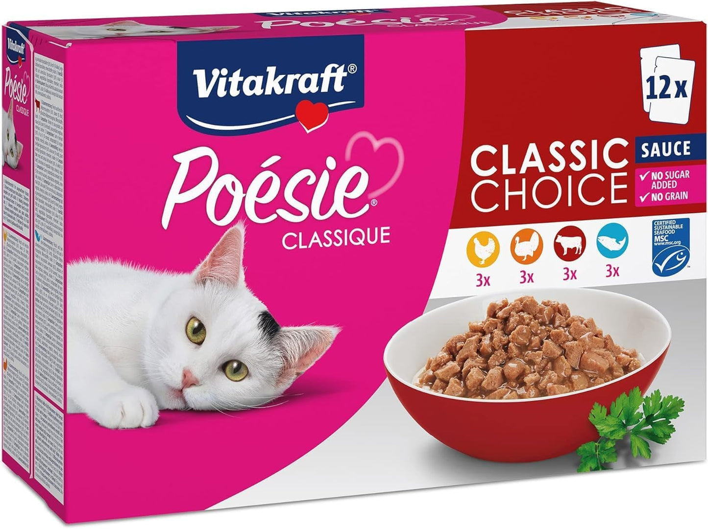 Vitakraft Poésie Classique, cibo umido per gatti, cibo per gatti in salsa, con pollo, con tacchino, con manzo, con salmone, senza zuccheri aggiunti e cereali (1 confezione da 12 x 85g)