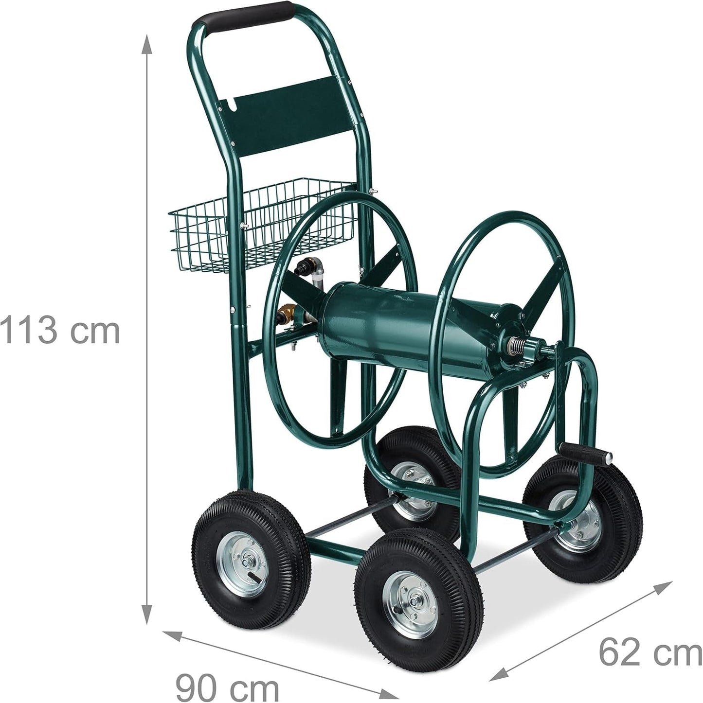 Carrello portatubo Relaxdays, fino a 90 m, 4 pneumatici, raccordo a scatto, avvolgitubo in metallo, distributore tubo con cestello, verde