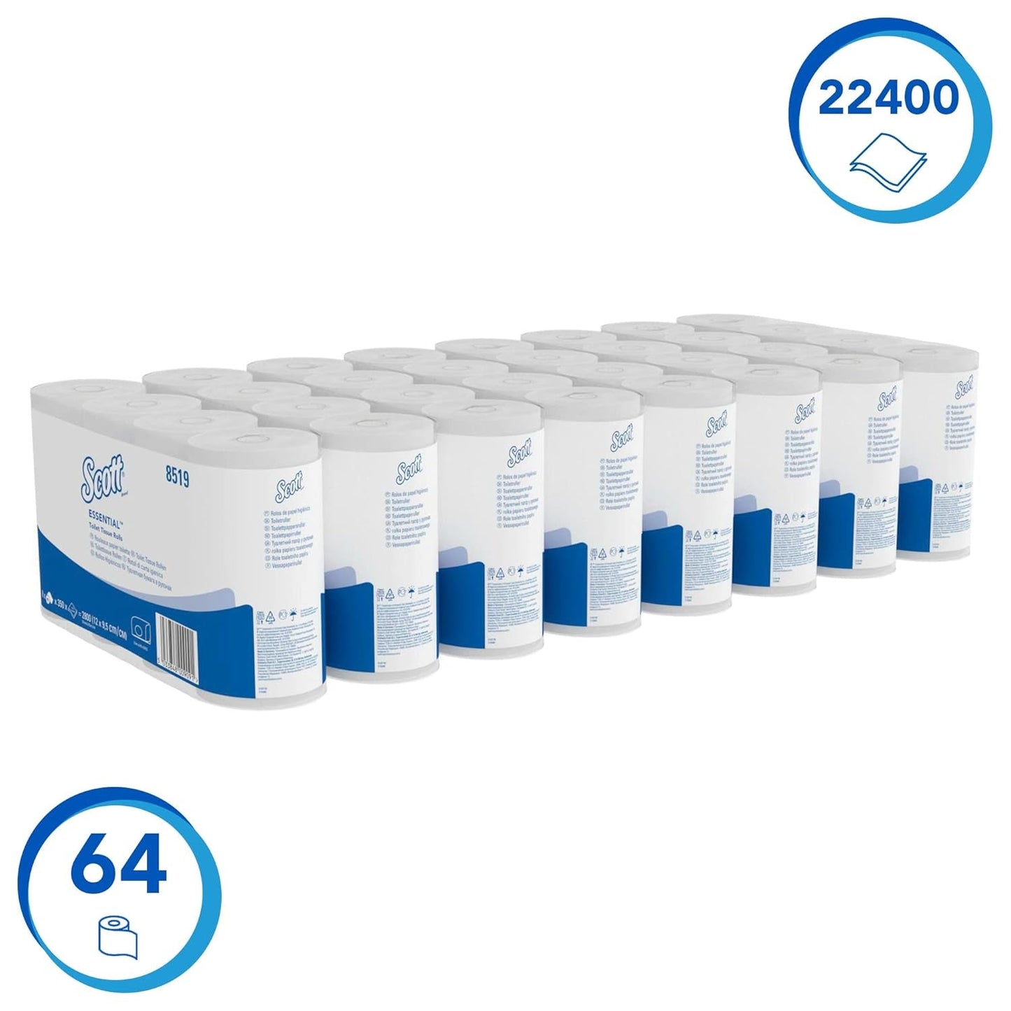 Carta igienica Scott® Essentialtm 8519 Carta igienica bianca in fibra riciclata certificata FSC a 2 veli 64 rotoli x 350 fogli (totale 22.400 fogli)