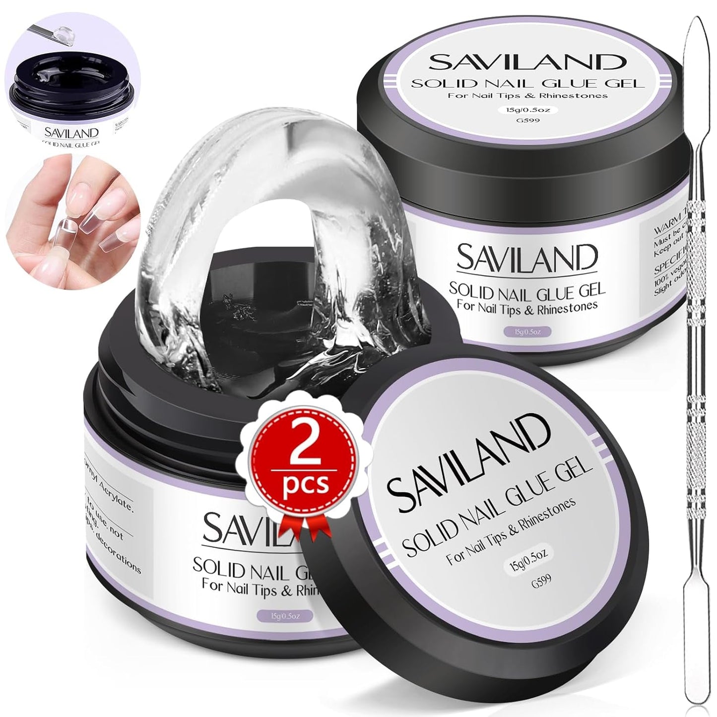 Saviland Colla solida per punte per unghie: 2 pezzi 15G Colla per unghie artificiali Colla extra forte Pressa sulle unghie Colla UV Gel Colla per unghie per donne Salone di casa Lampada UV/LED fai da te polimerizzata