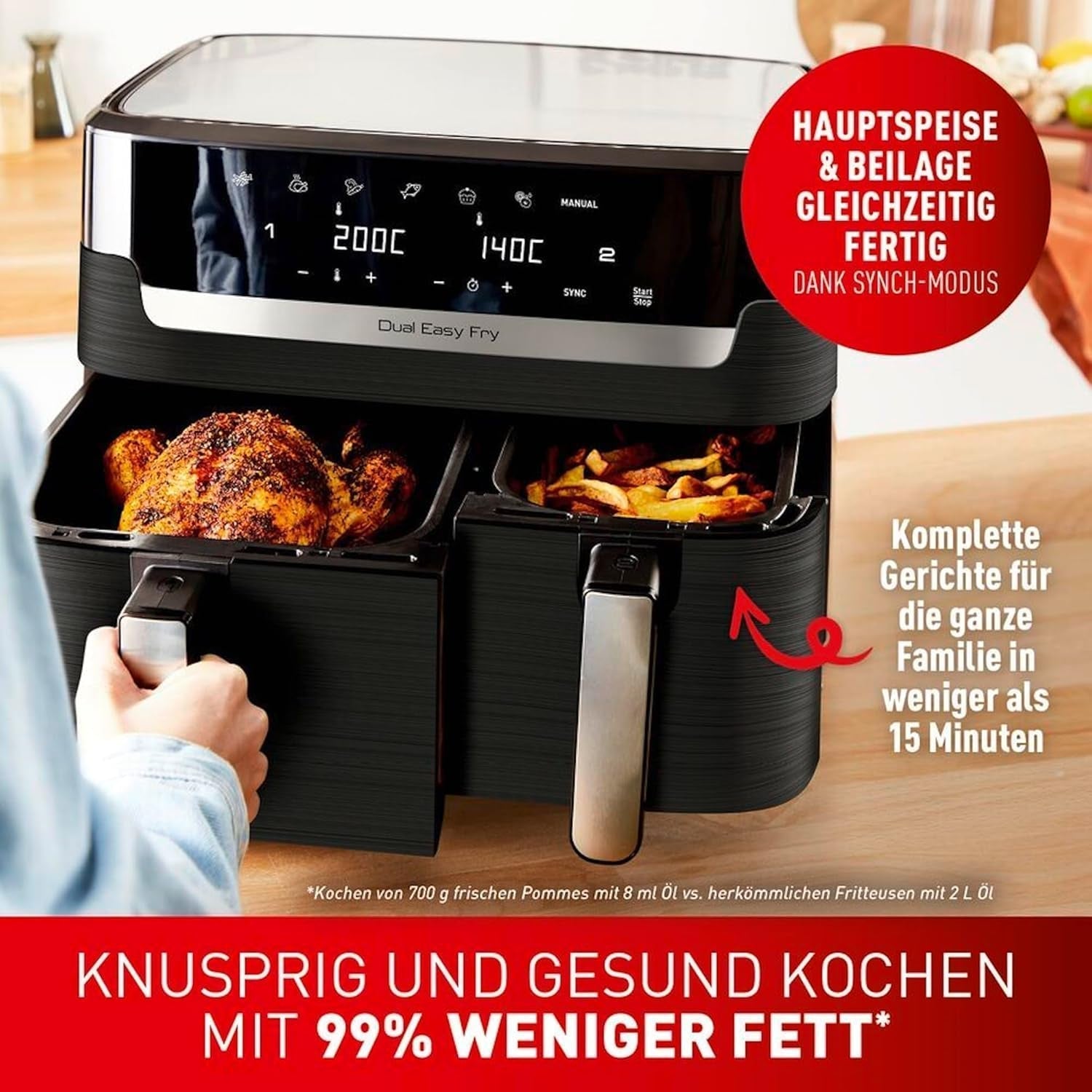 Friggitrice ad aria calda Tefal Dual Easy Fry con due camere, capacità 5,2/3,1 litri, due cassetti indipendenti, 7 programmi Elettrodomestici Naty Shop