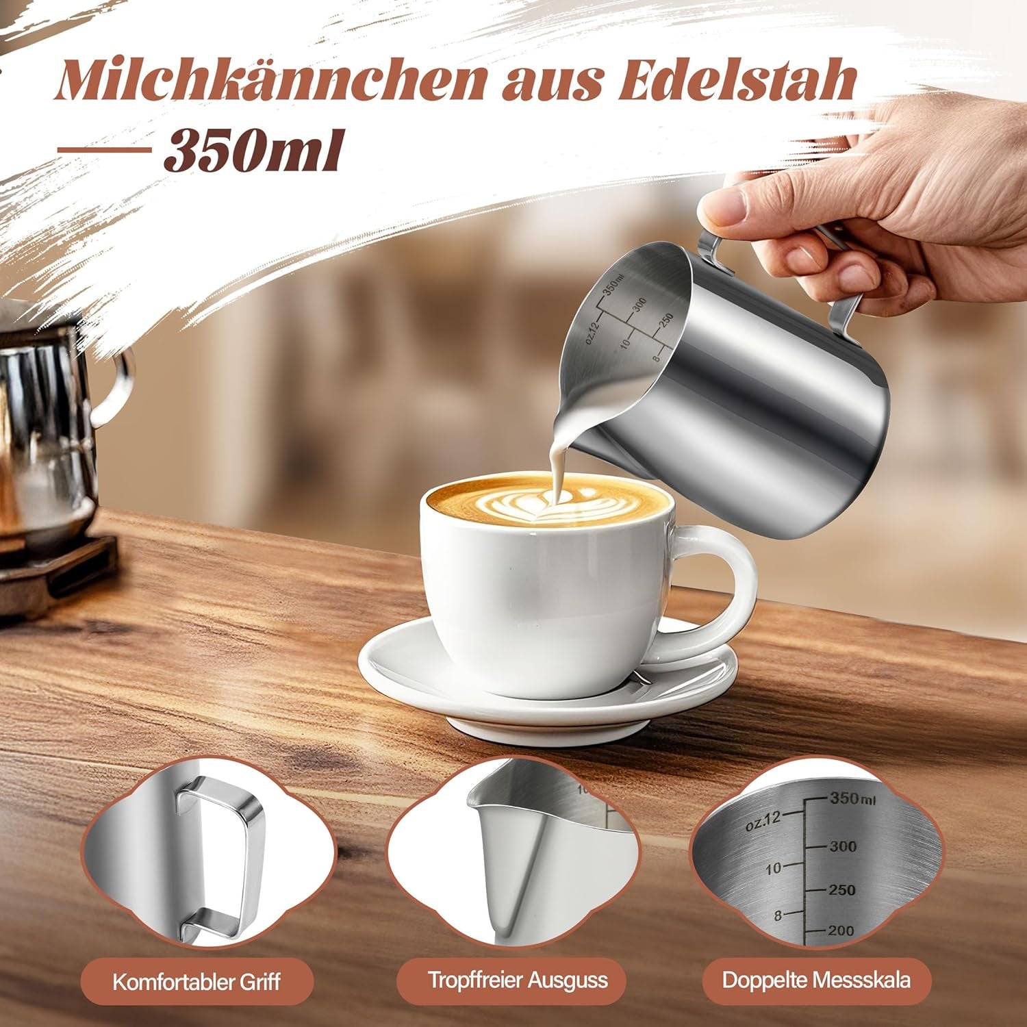 Tazza da latte, Tazza da latte in acciaio inossidabile da 350 ml con segno di misurazione, Accessorio Barista, Tazza da latte per cappuccino, Espresso, Latte Art, Amanti del caffè, Argento, 355 ml