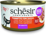 Tonno con zucca in brodo, alimento umido complementare per gatti, ricetta originale, 100% naturale, 12 lattine da 70g ciascuna
