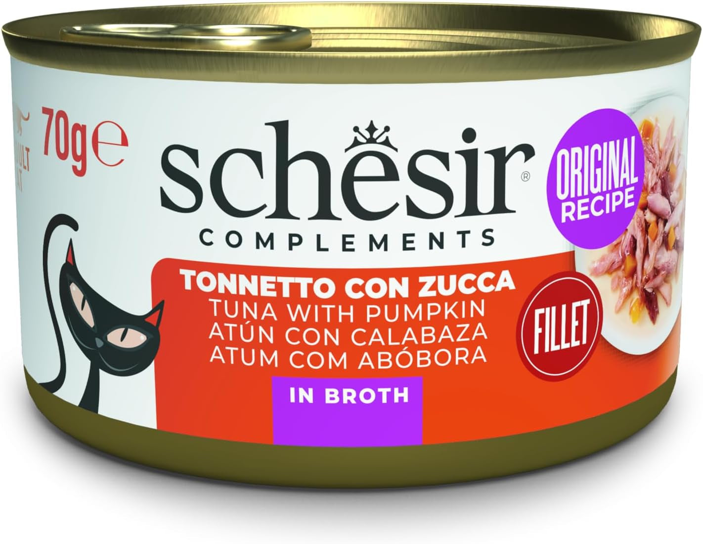 Tonno con zucca in brodo, alimento umido complementare per gatti, ricetta originale, 100% naturale, 12 lattine da 70g ciascuna