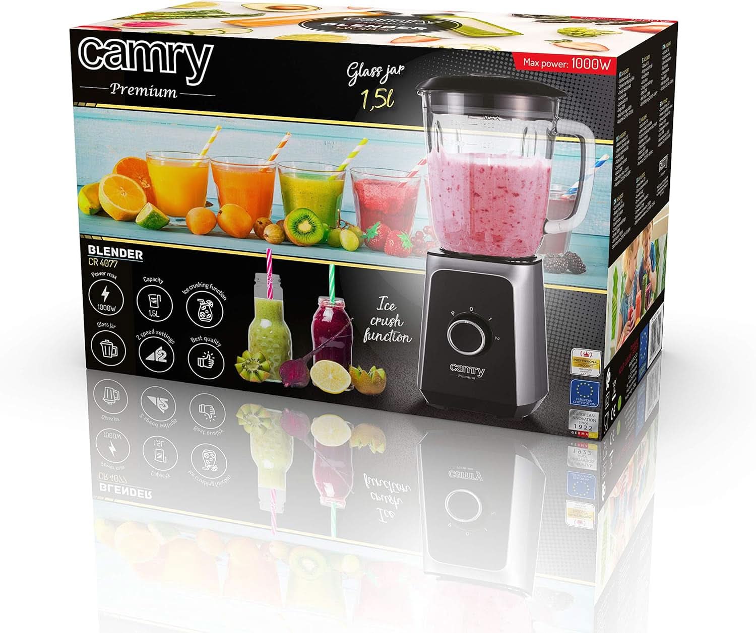 CR 4077 Robot da cucina con contenitore in vetro da 1,5 l, frullatore, mixer ad alta efficienza, mahlung, Eis-Zerkleinerung, Pulsfunktion, Edelstahlklingen, 2 Geschwindigkeiten, 1000W, Nero/Argento Kitchen Naty Shop