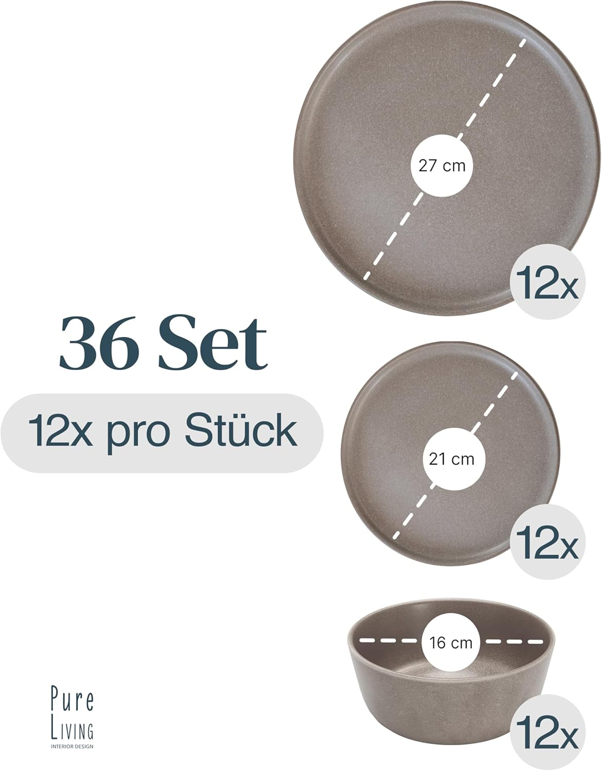 Set di stoviglie in gres per 12, 36 pezzi, stile urbano, alta qualità, TEST MOLTO BUONO, Set di stoviglie in gres - Set di ciotole e piatti - Servizio da tavola per 12, Set di stoviglie Pure Living in grigio-marrone opaco