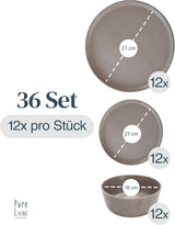 Set di stoviglie in gres per 12, 36 pezzi, stile urbano, alta qualità, TEST MOLTO BUONO, Set di stoviglie in gres - Set di ciotole e piatti - Servizio da tavola per 12, Set di stoviglie Pure Living in grigio-marrone opaco