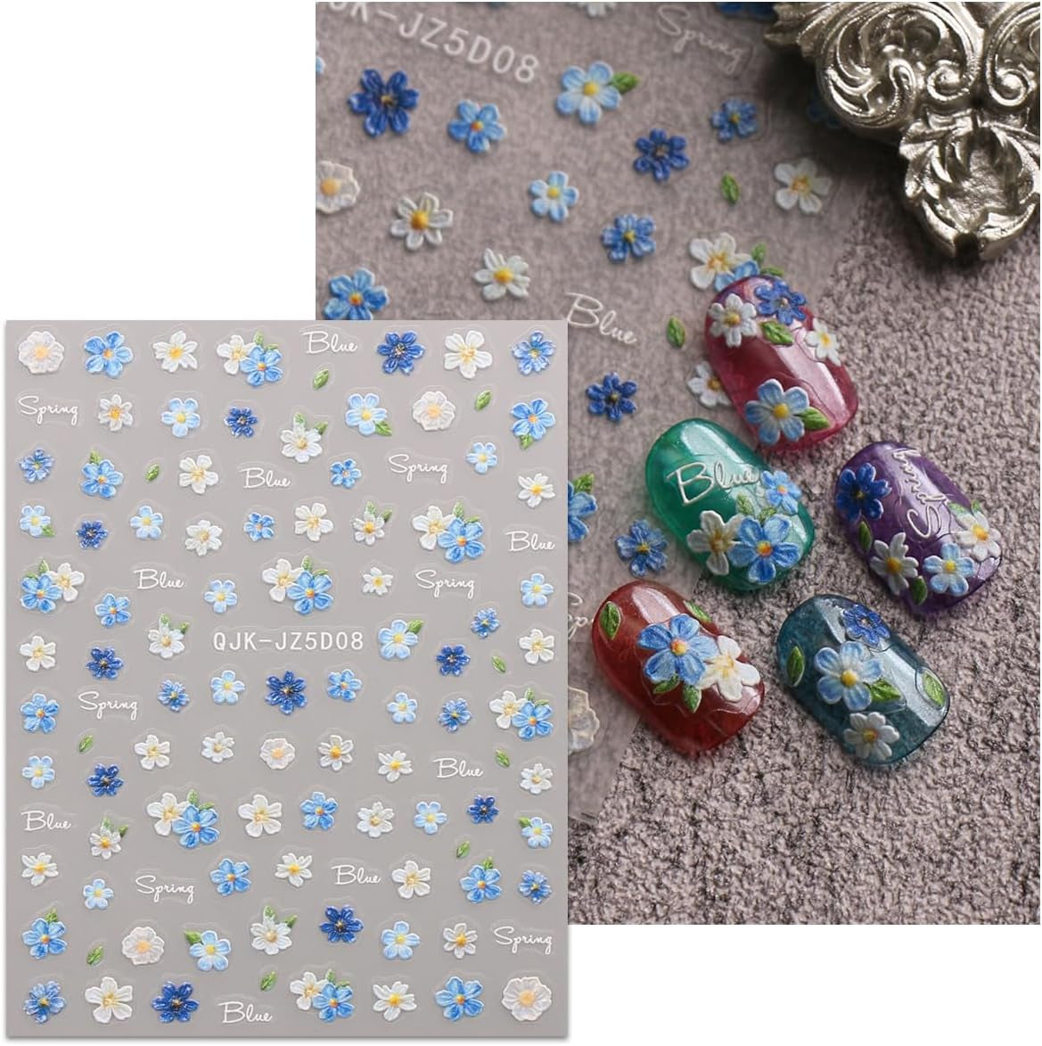 JMEOWIO 3D Nagelsticker Blumen Nail Art Sticker Selbstklebend Nagelaufkleber 5D Stereoscopico Frühling Sommer Blumen Dekoration Nageldesign Zubehör 4 Blatt