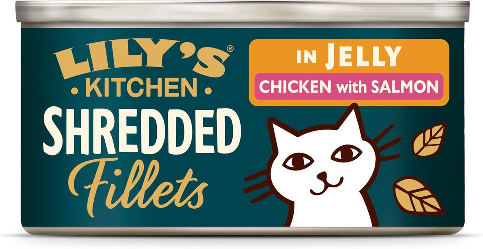 Lily's Kitchen Aus Naturichen Ingredient hermestellung Zerkleinerte Filets in Gelee mit Hühnchen und Lachs Ausgewachsen Nassfutter für Katzen 70 g Dose
