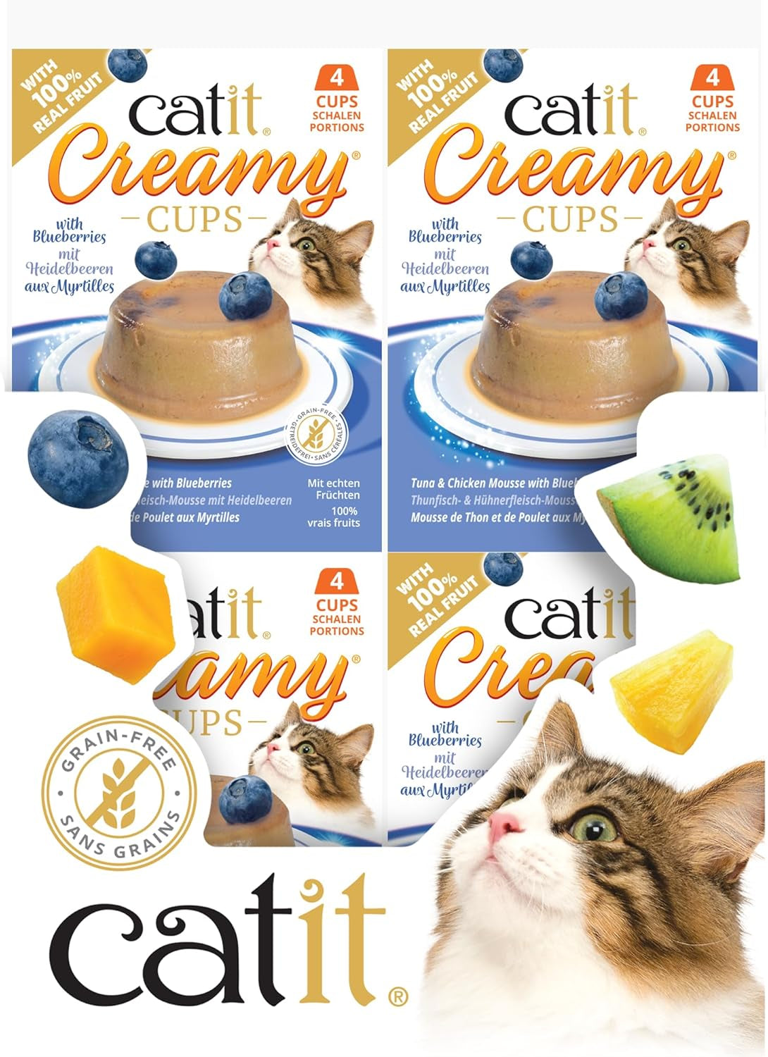 Catit Coppe Cremose, Tonno e Pollo ai Mirtilli, 4x25g