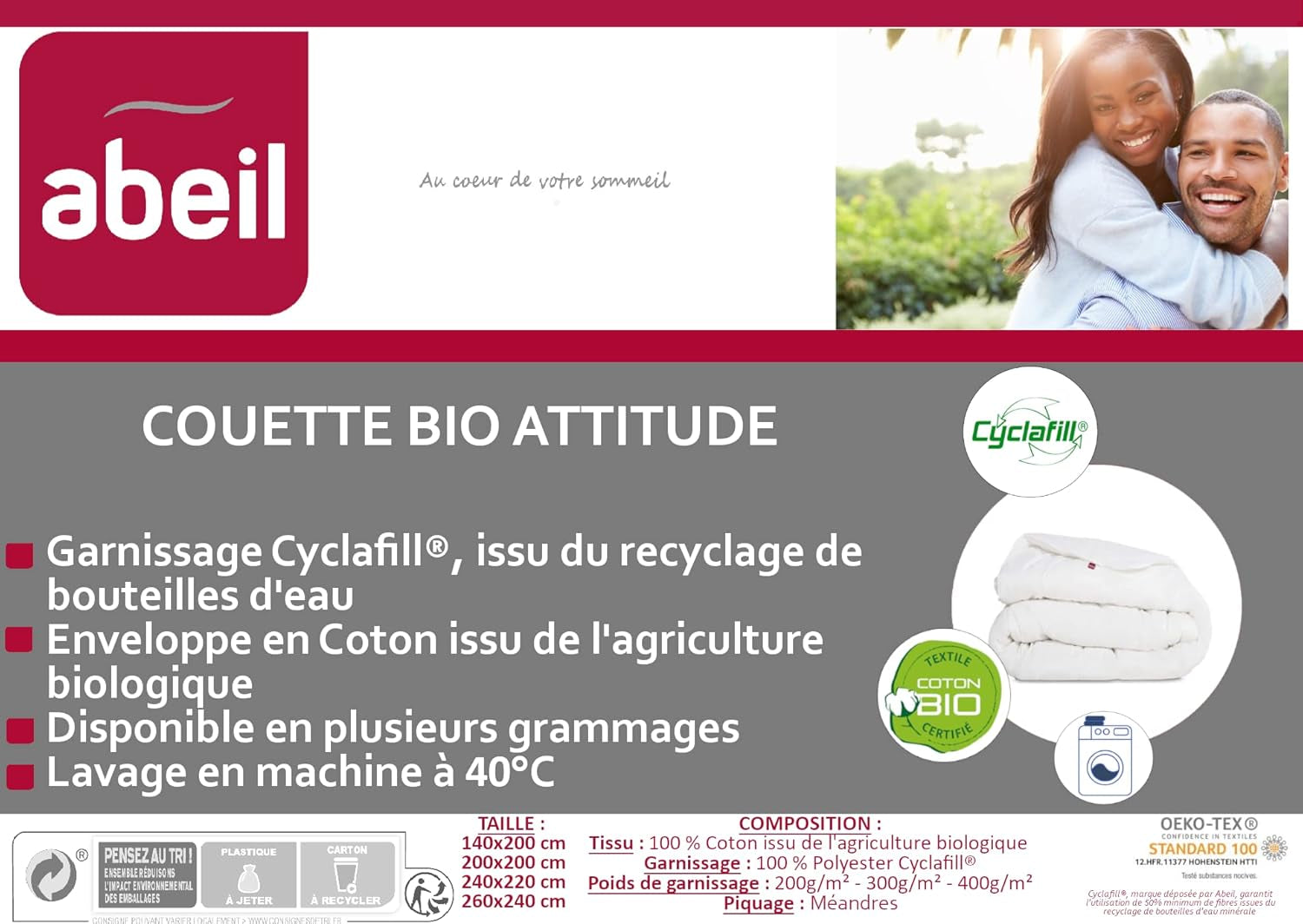 Abeil Couette Attitude Coton Légère 240 X 260 Cm Trapunta organica Attitude leggera, cotone, poliestere, bianco Trapunte e trapunte Naty Shop