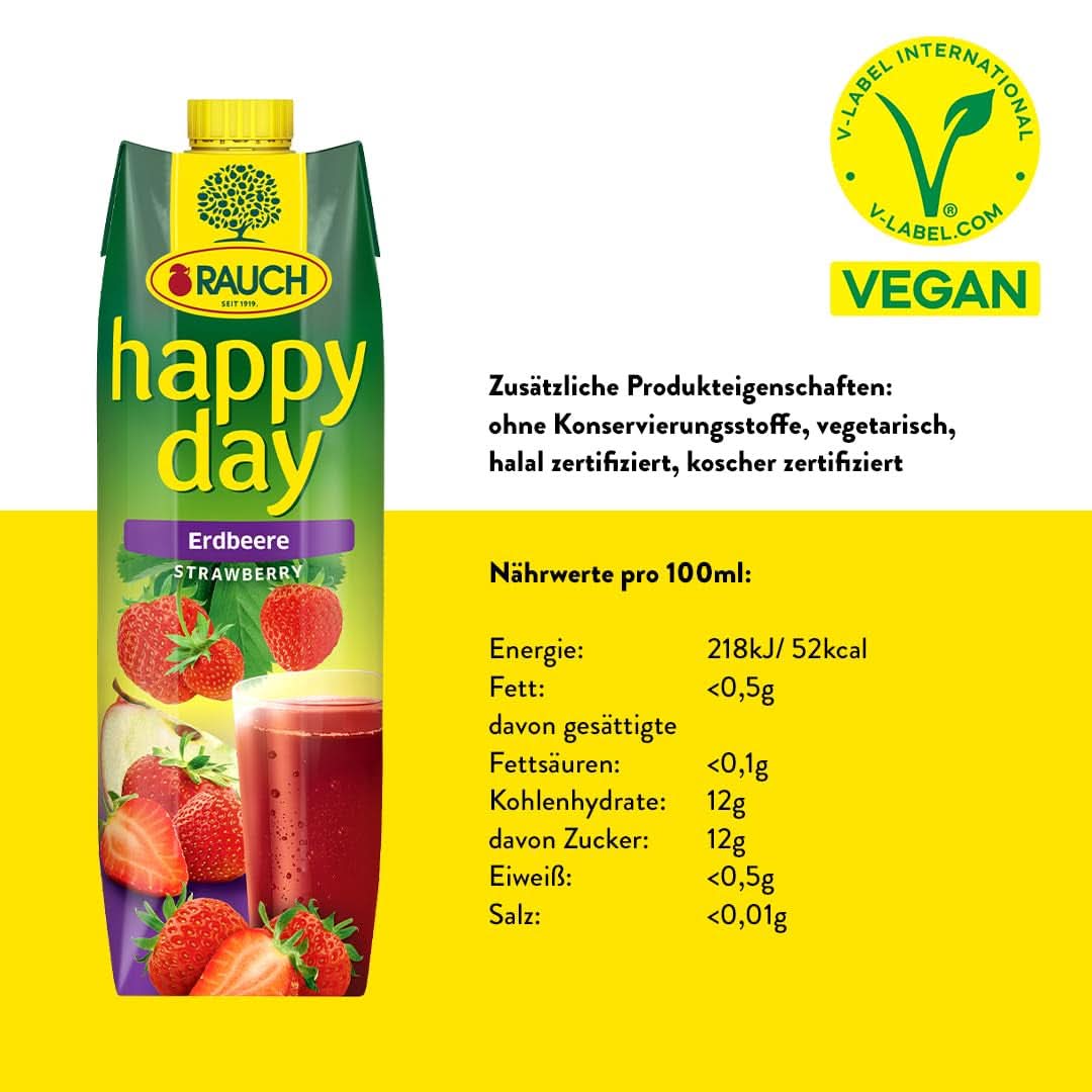 Rauch Happy Day Fragola | Sapore intenso di fragola | Raffinato con mele e limone | 6X 1 litro, Tetra Prisma Bevande analcoliche Naty Shop