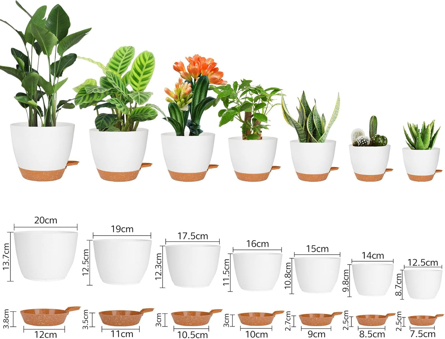 CSYY Set di 7 vasi da fiori in plastica con sistema di irrigazione 20,3/19/17,7/16,5/15,2/14/12,7 cm vasi autoirriganti e sottovaso per interni ed esterni