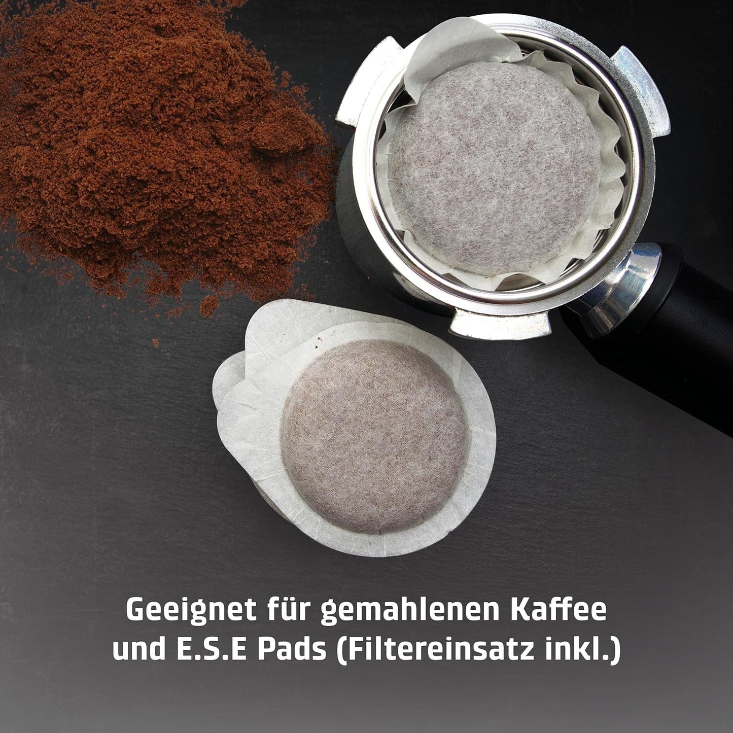 Caso Espresso Gourmet - Macchina per caffè espresso con portafiltro in acciaio inossidabile, potente pompa Ulka da 19 bar, con montalatte, per caffè macinato o capsule di caffè ESE, per 2 tazze, con scaldatazze