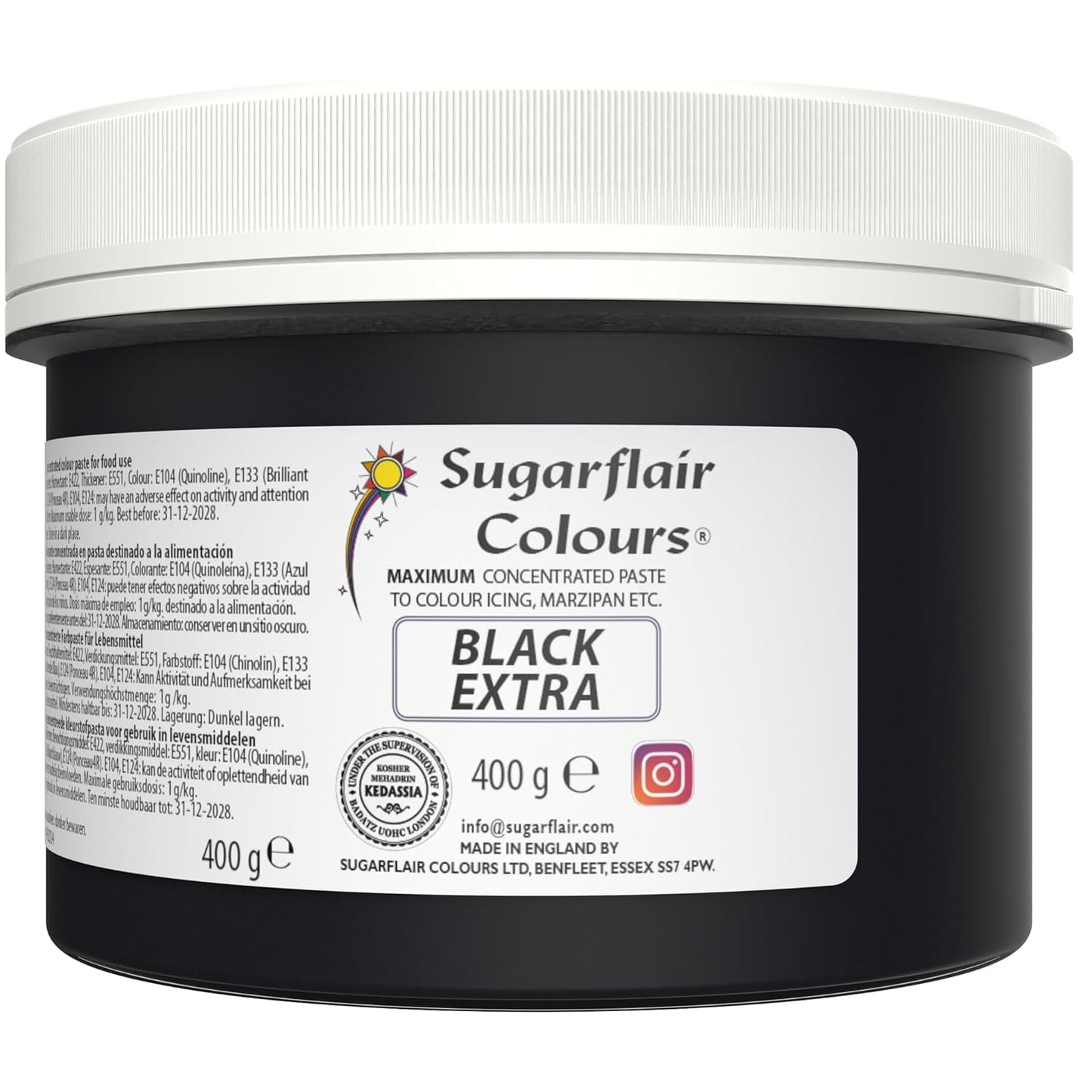 Colorante alimentare Sugarflair Max Concentrated Black, colorante alimentare altamente concentrato per marzapane e fondente, colorante in pasta Max Concentrate - 400 g