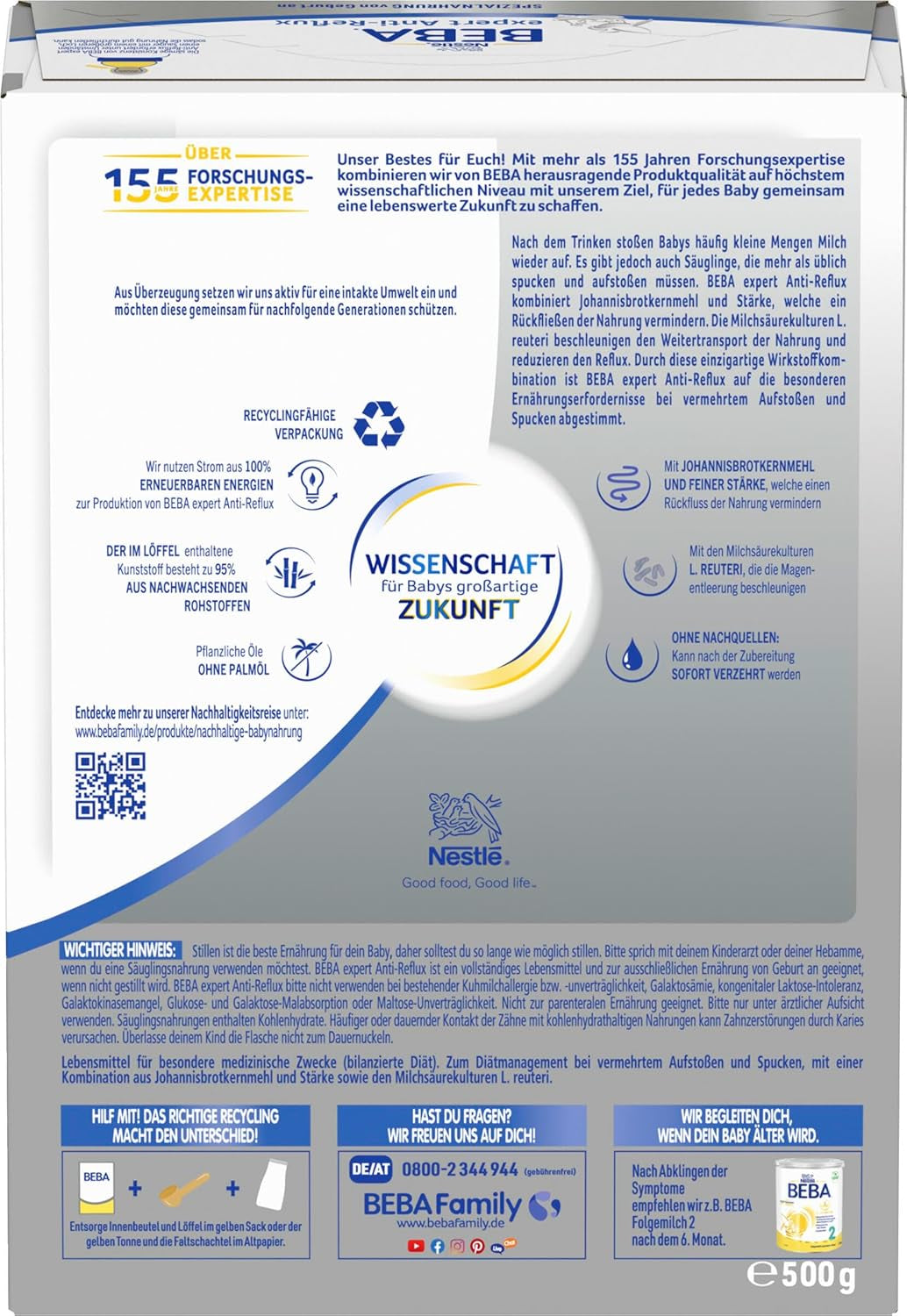 BEBA expert Anti-Reflusso - AR Formula speciale dalla nascita, per aumento di eruttazione e vomito, alimenti per l'infanzia, latte in polvere per bambini, 1 confezione (1 x 500 g)