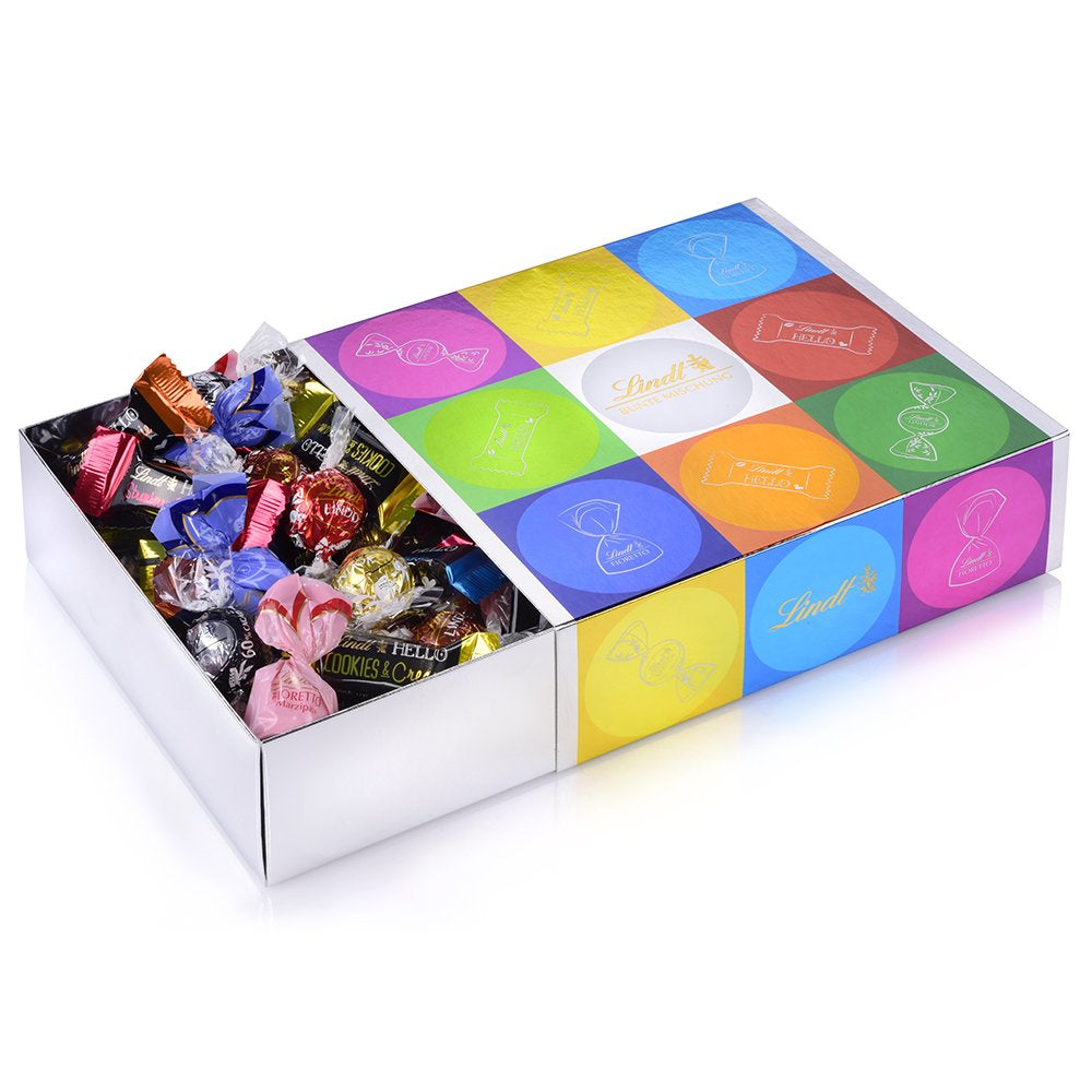 Assortimento di cioccolato (37 palline LINDOR, 24 Mini bastoncini Hello, 10 Mini Fioretto), regalo di cioccolato (1 x 815 g) e Mini Emoti HELLO, cioccolato al latte in 5 disegni emoticon, 164 g