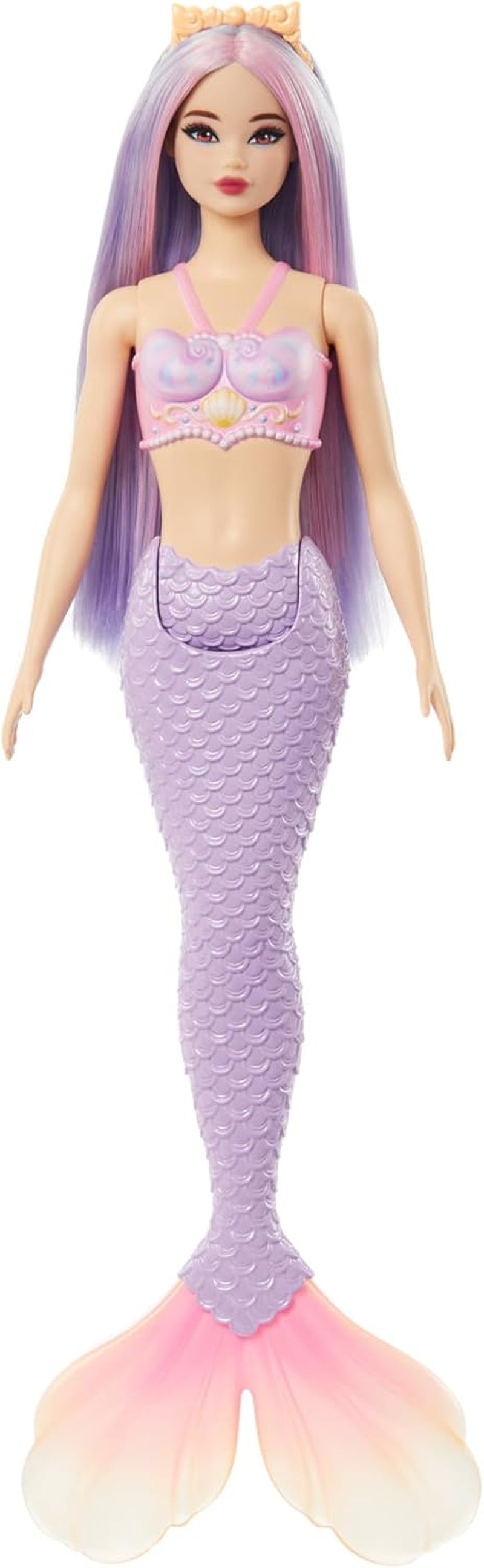 Barbie Sirena con Capelli Fantasia Rosa e Lilla e Fascia per Capelli, Top a Conchiglia con Pinna Coda Blu Lavanda, HRR06 Naty Shop Dolls Sirena con Pinna Coda Blu Lavanda