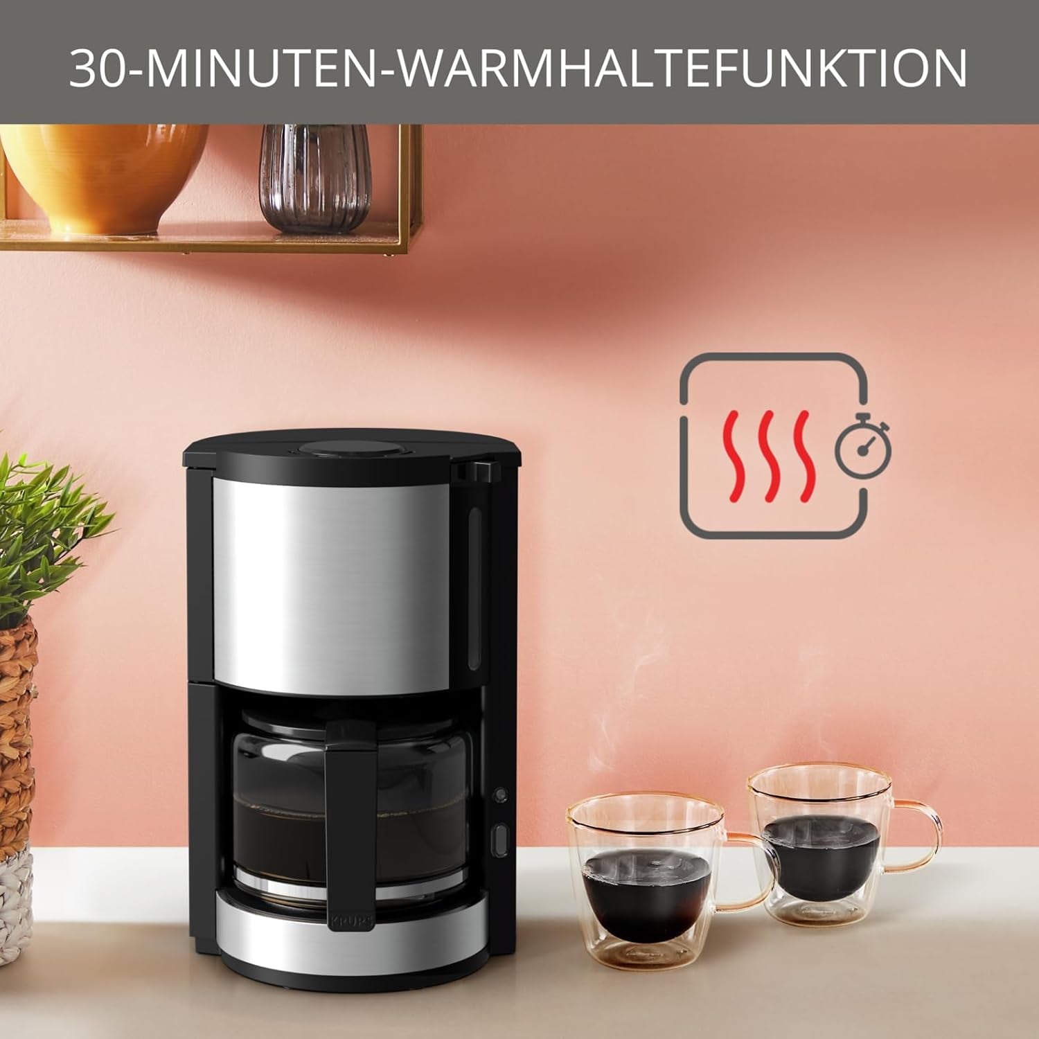 Macchina per caffè espresso Krups KM3210 Pro Aroma Plus, 10 tazze, 1,25 L, Mantieni caldo per 30 minuti, Finestra livello acqua visibile, Sistema antigoccia, Nero con applicazioni in acciaio inossidabile