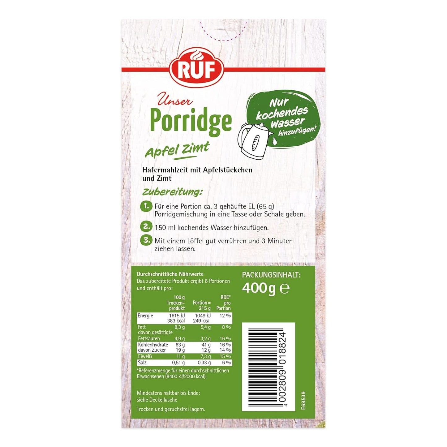 RUF Porridge Mela Cannella, con fiocchi d'avena integrali, finissimo aroma di cannella e pezzetti di mele essiccate, 400 grammi Cereale Naty Shop