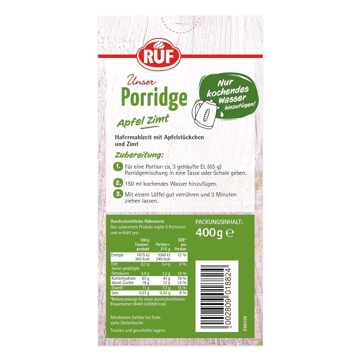 RUF Porridge Mela Cannella, con fiocchi d'avena integrali, finissimo aroma di cannella e pezzetti di mele essiccate, 400 grammi Cereale Naty Shop
