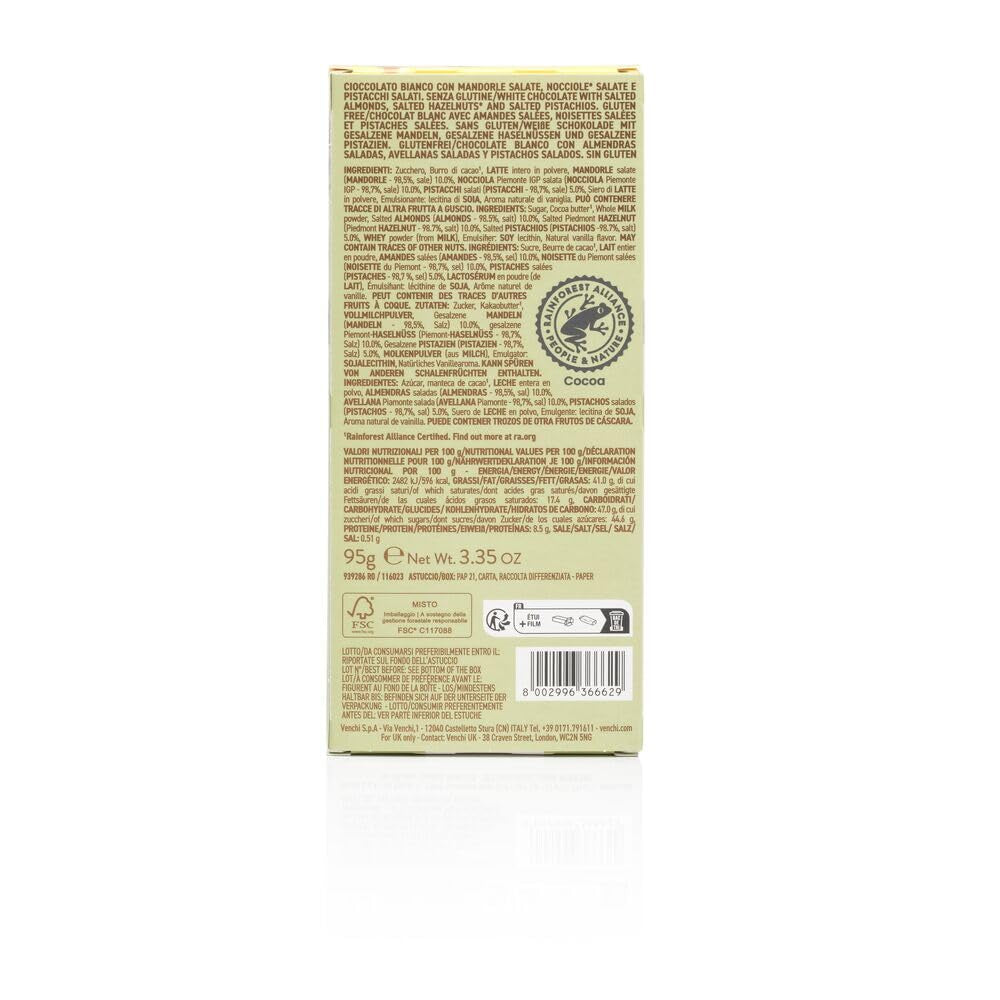 Venchi - Tavoletta Nocciole Salate, Nocciole Salate, Mandorle e Pistacchi, 95g, con "Nocciole Piemonte", Senza Glutine, Senza Coloranti e Senza Conservanti
